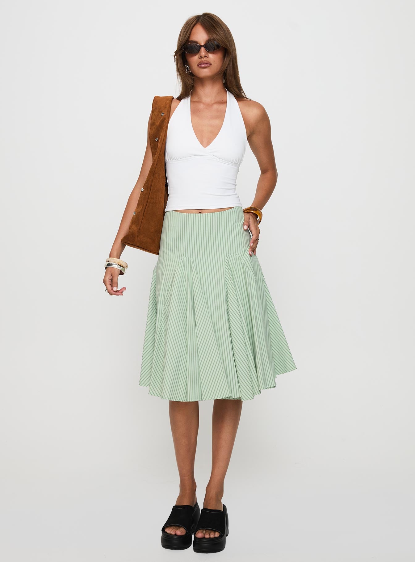 Evangaleine Pleat Midi Skirt Green / White、mySite、solidvoid