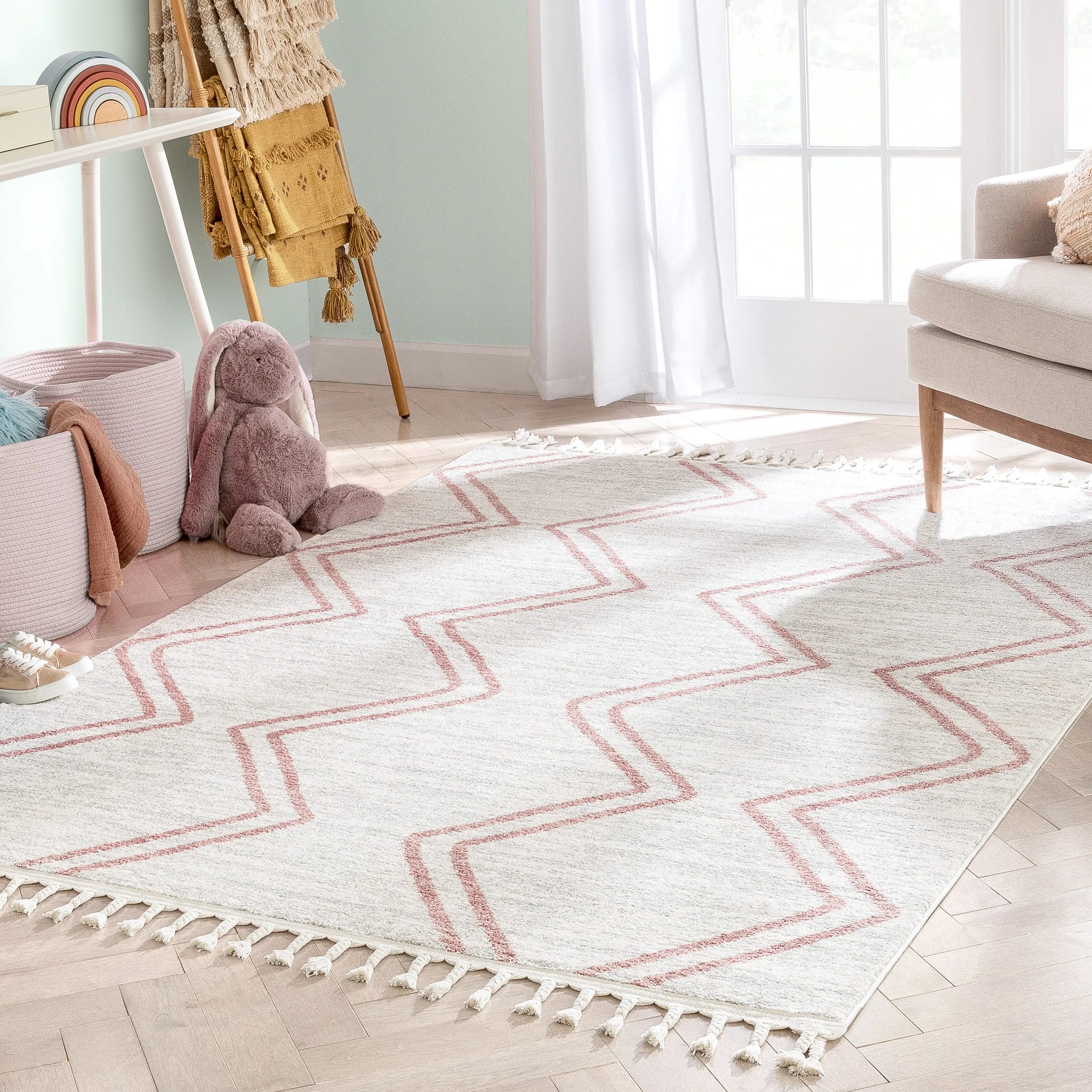 Reeve Modern Chevron Zig-Zag Pink Ivory Kids Rug、mySite、gigharbornorthrealestate
