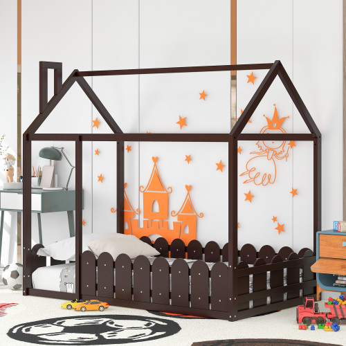 {Slats are not included}Twin Size Wood Bed House Bed Frame with Fence,for Kids,Teens, Girls,Boys {White}{OLD SKU:WF194274AAK}、、casual