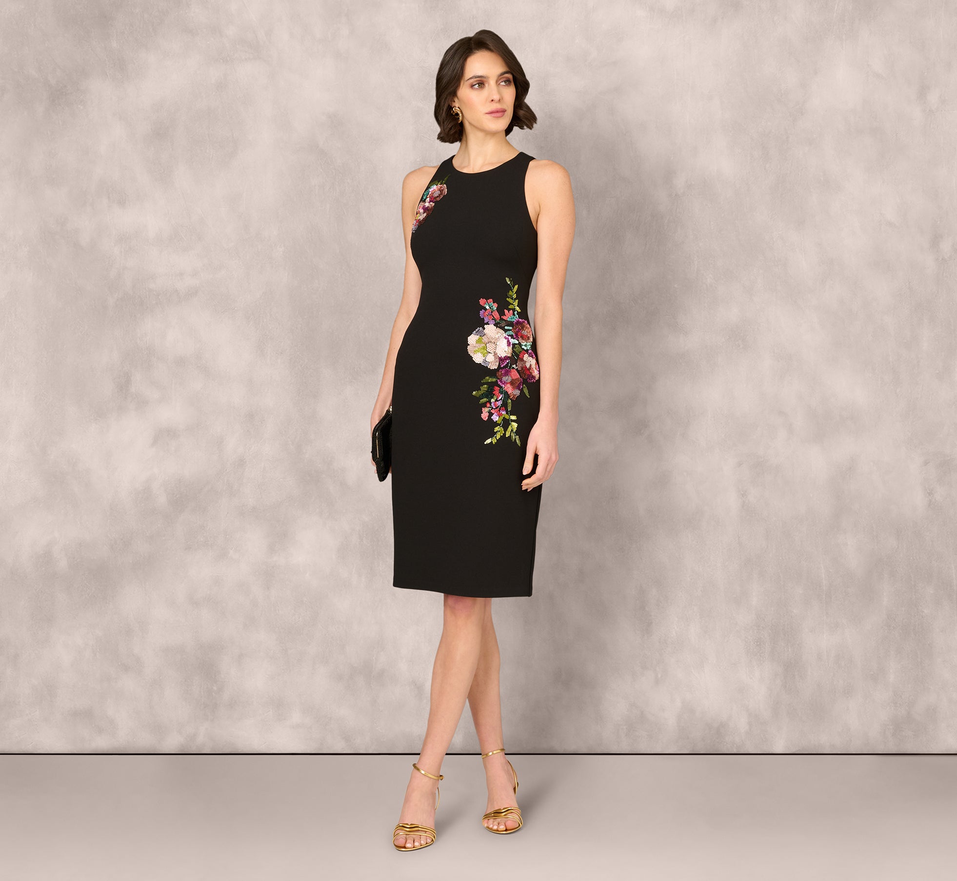 Sleeveless Sequin Flower Sheath Midi Dress In Black、mySite、solidvoid