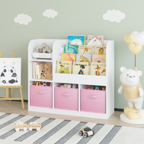 Kids Bookshelf and Toy Storage Organizer, Multifunctional 4 Tier Wooden Kids Book Shelf with Bookcase Display Stand in Kids Room Playroom Nursery for Kids, Children, Toddlers (White)、、casual