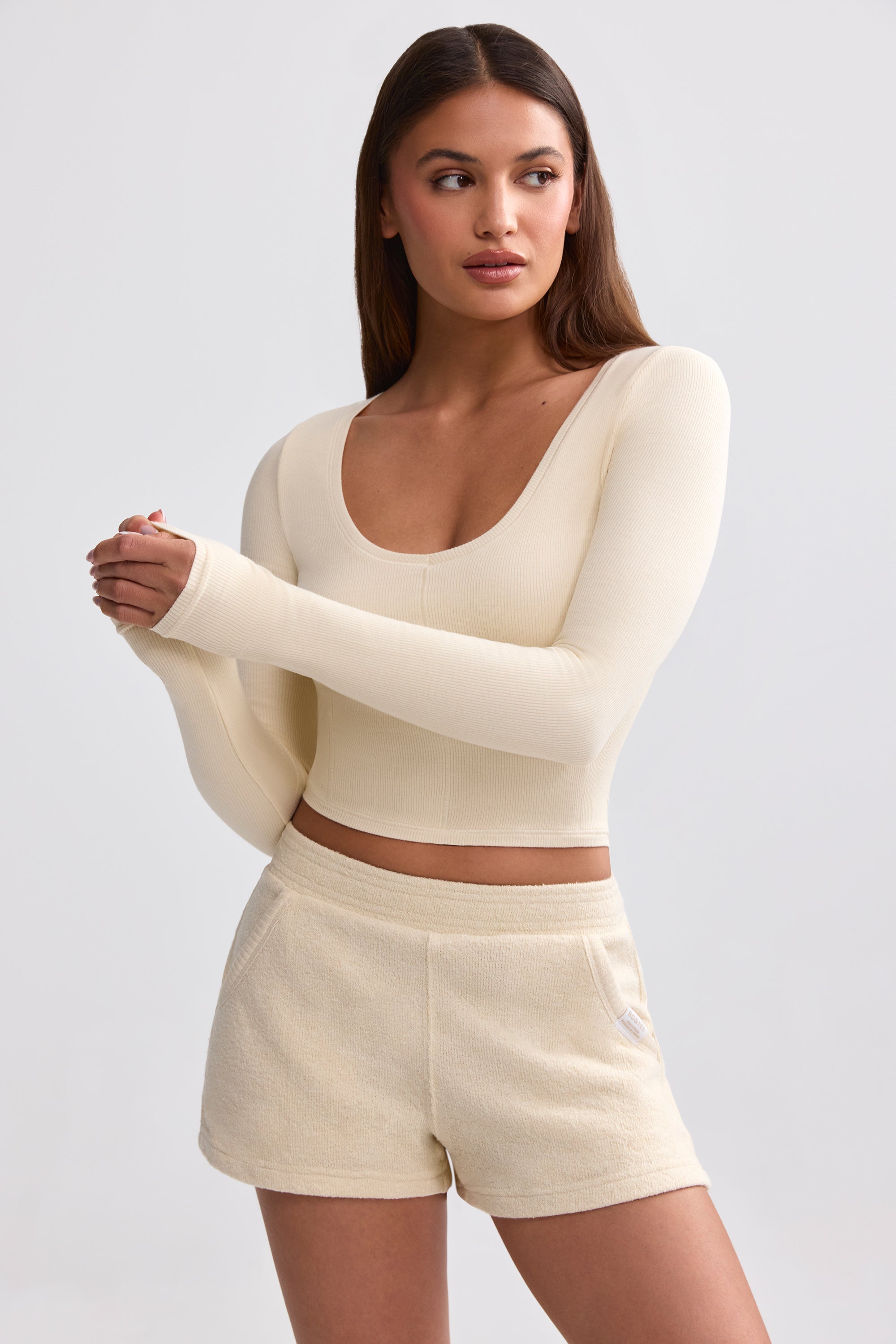 Ribbed Modal V-Neck Crop Top in Cream、mySite、solidvoid