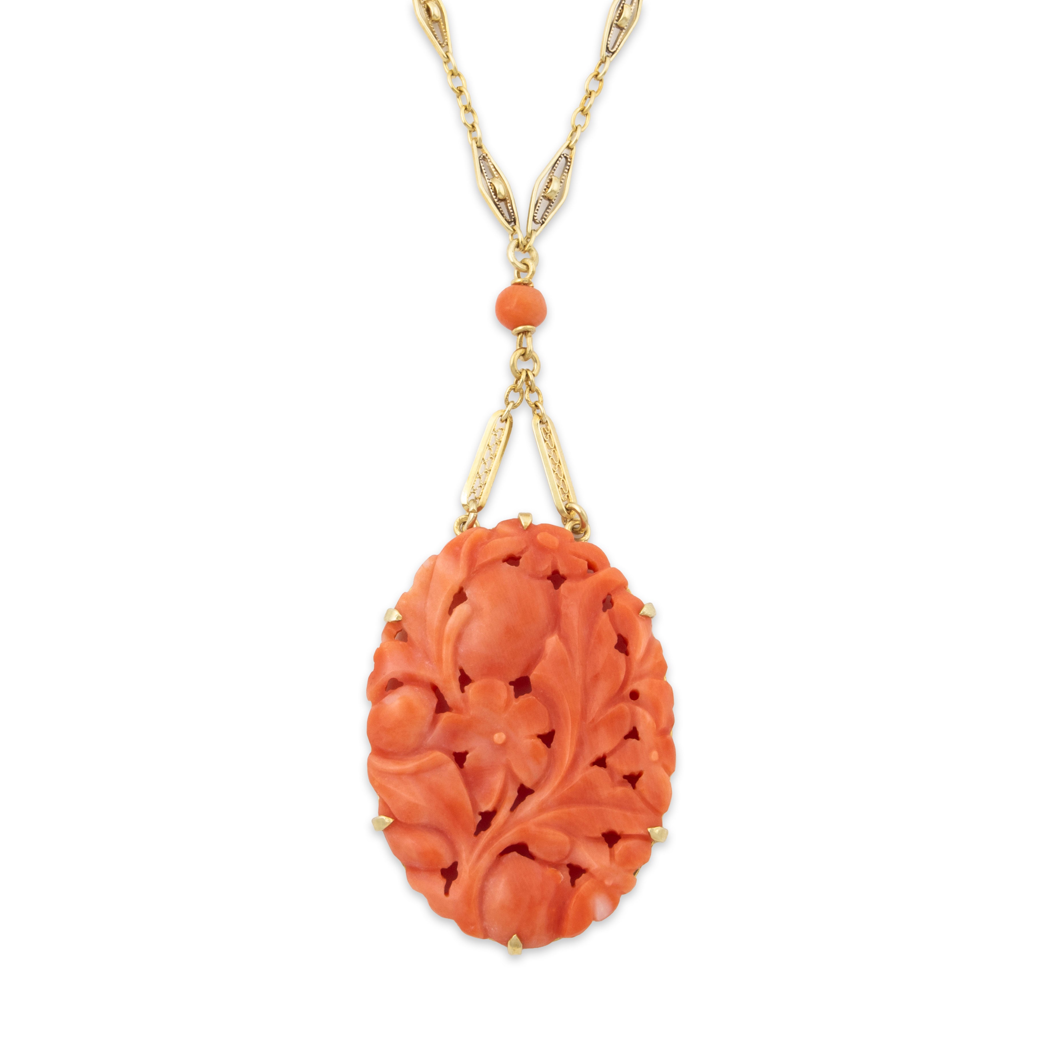 Antique Art Deco 14k Yellow Gold Coral Carved Floral Filigree Chain Necklace 16、mySite、hinf8tx79