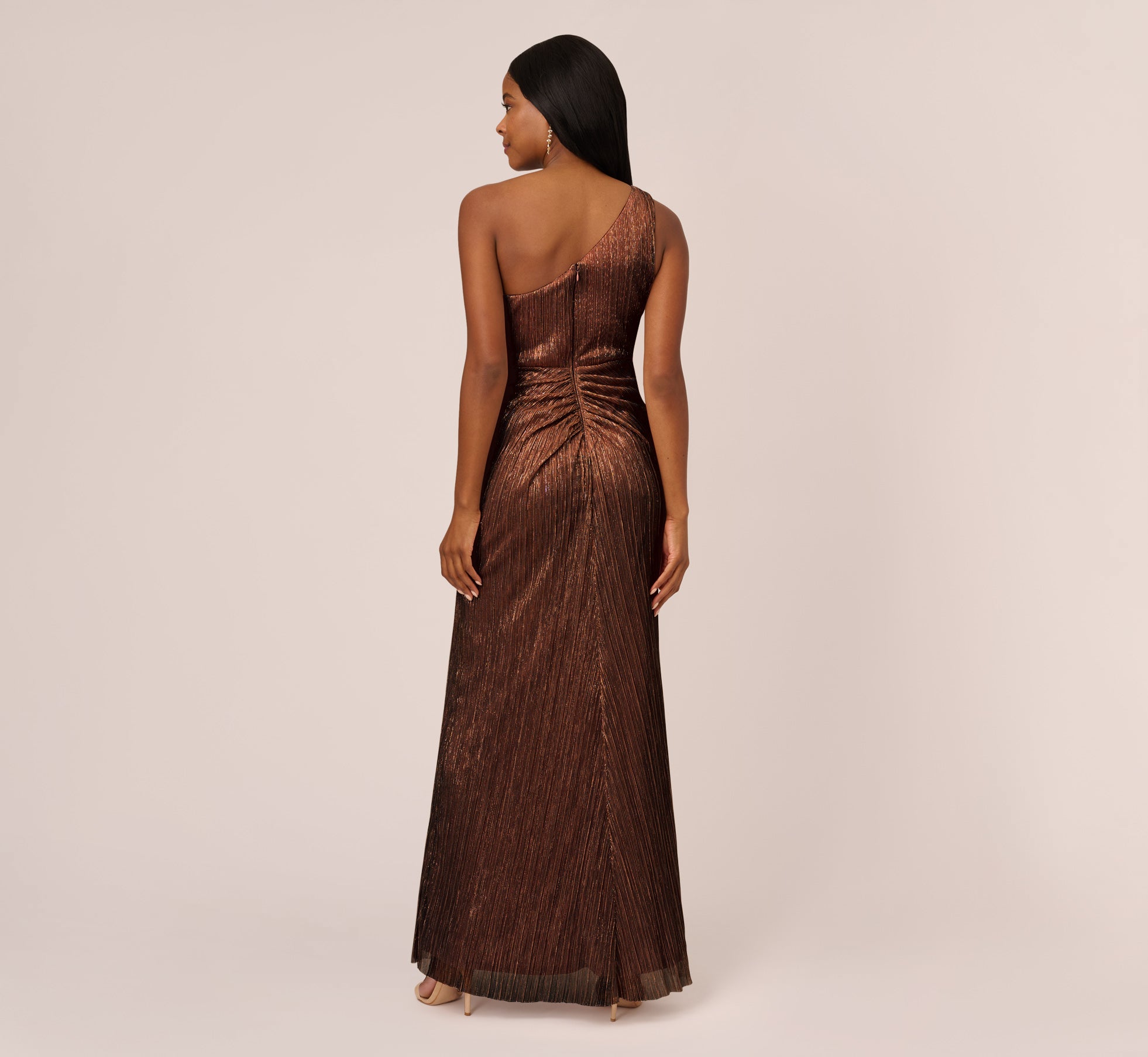 Stardust Pleated Draped One Shoulder Gown In Copper、mySite、solidvoid