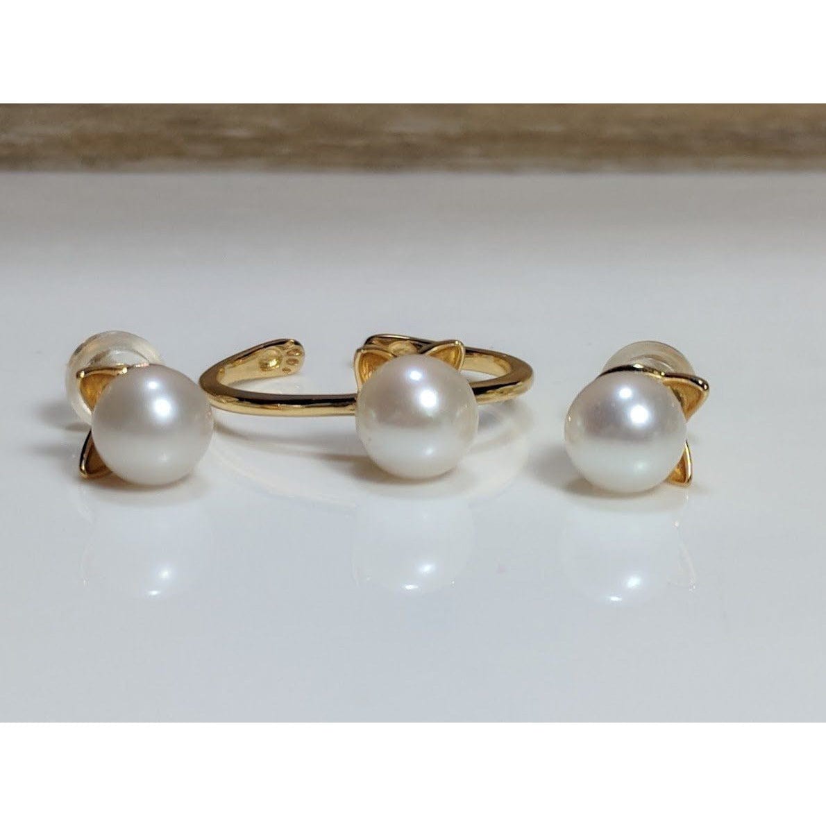 Pearl Cat Jewelry Necklace Earrings - Gold Plated Sterling Silver, so CUTE!、mySite、g9winljtr