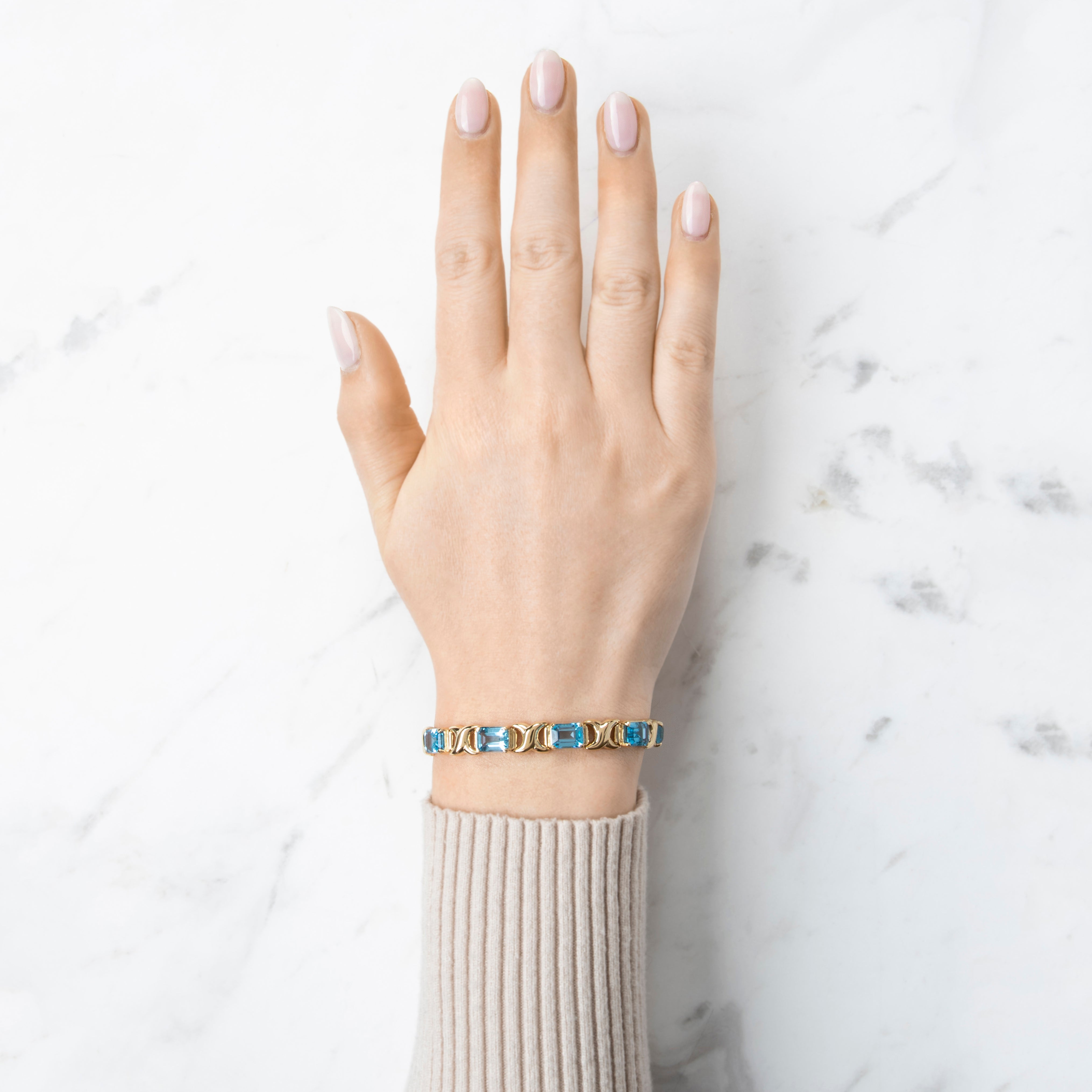 Vintage Stunning 14k Yellow Gold 20cttw Blue Topaz Emerald-Cut Bracelet 6.75、mySite、hinf8tx79