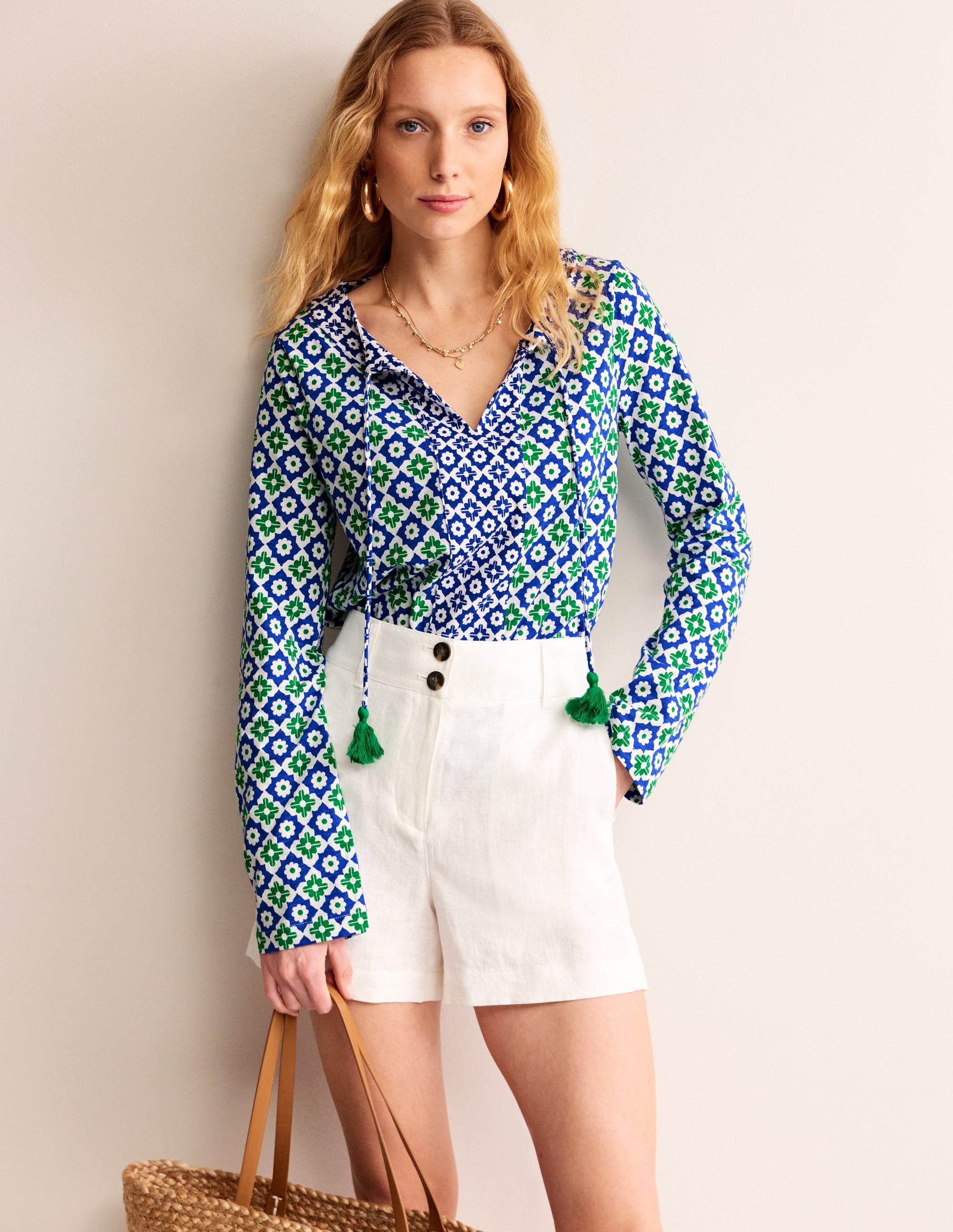  Printed Tie Neck Top-Green Tambourine, Geometric、mySite、ashleygrahame