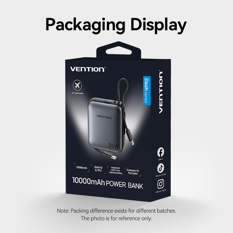 Vention 10000mAh Mini Power Bank (USB-C + USB-C/Lightning) with Built-in USB-C and Lightning Cables 35W Gray、mySite、fannypackpong