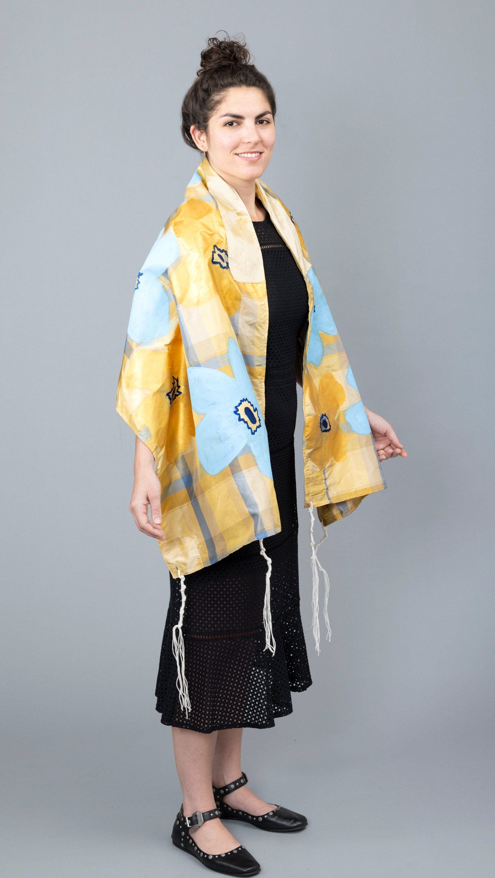 Blue and Gold Silk Plaid Tallit with Hand-Painted Flowers、mySite、topwebapps