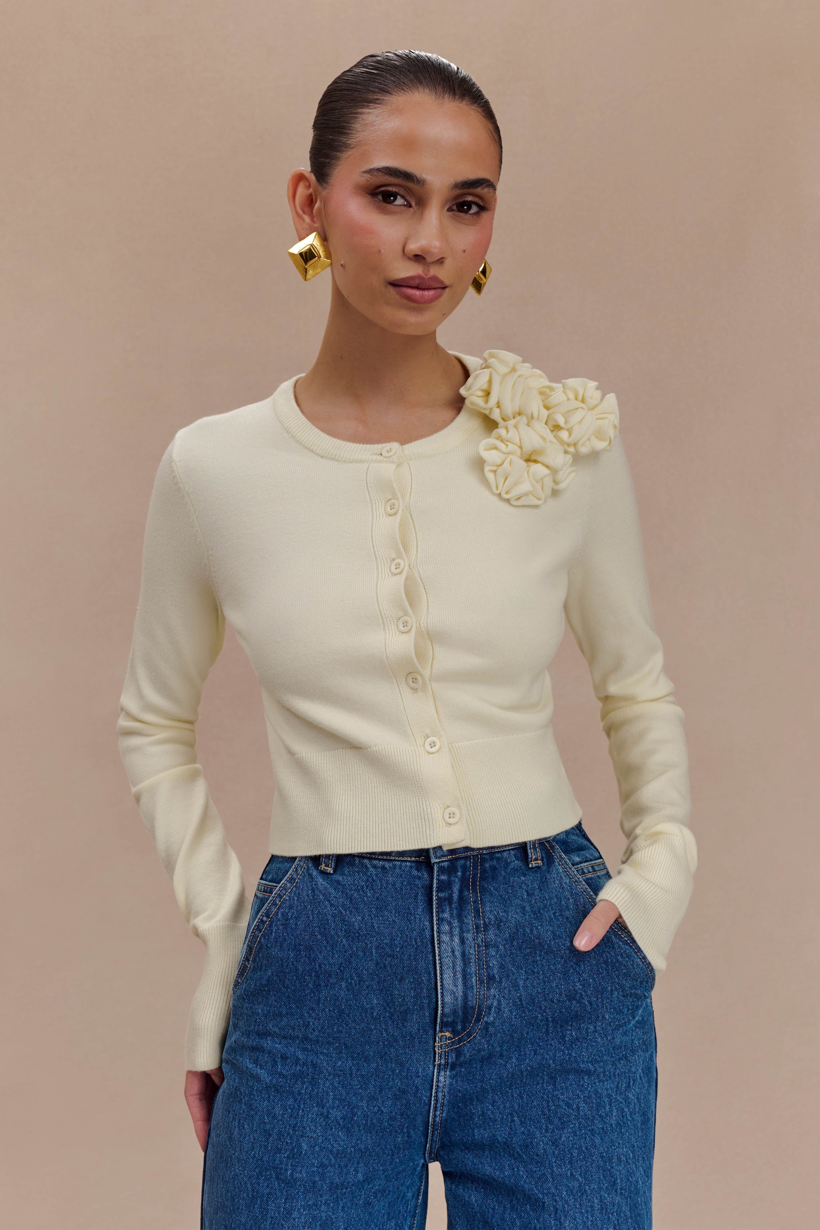 Gianna Knit Cardigan With Flowers - Cream、mySite、solidvoid