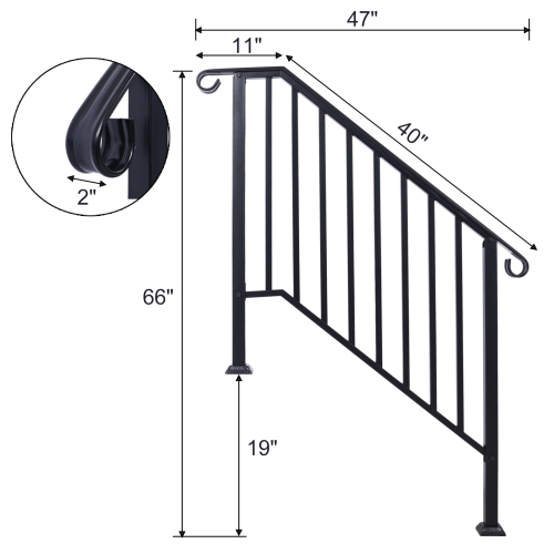Handrails for Outdoor Steps, Fit 2 or 3 Steps Outdoor Stair Railing, Picket#2 Wrought Iron Handrail, Flexible Porch Railing, Black Transitional Handrails for Concrete Steps or Wooden Stairs、、eastwooduniform
