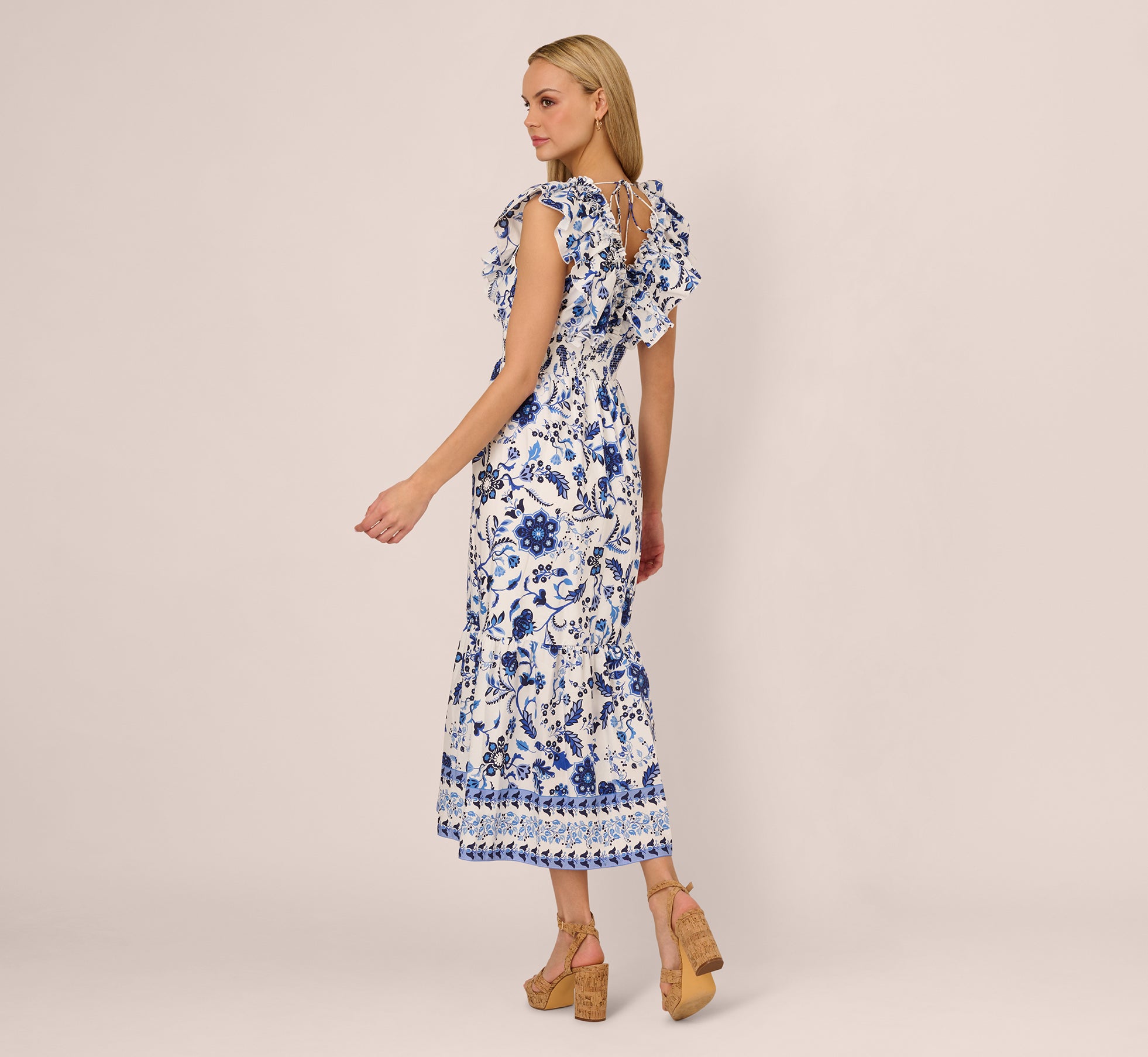 Sleeveless Ruffle Collar Printed Midi Dress In White Blue Multi、mySite、solidvoid