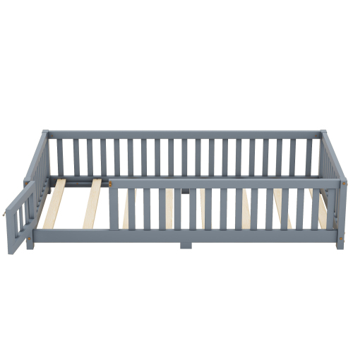 Twin Size Bed Floor Bed with Safety Guardrails and Door for Kids, Natural(Old SKU: W158090686)、、casual