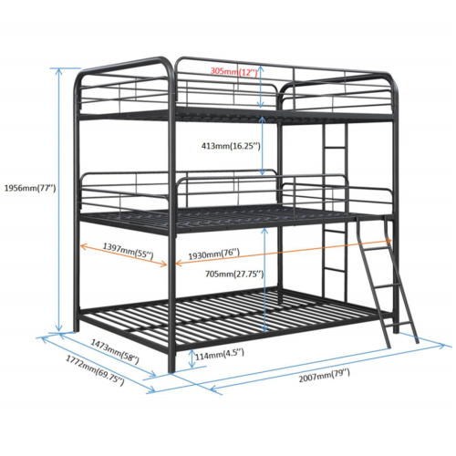 Furniture Triple Bunk Bed, FULL/FULL/FULL, black、、casual