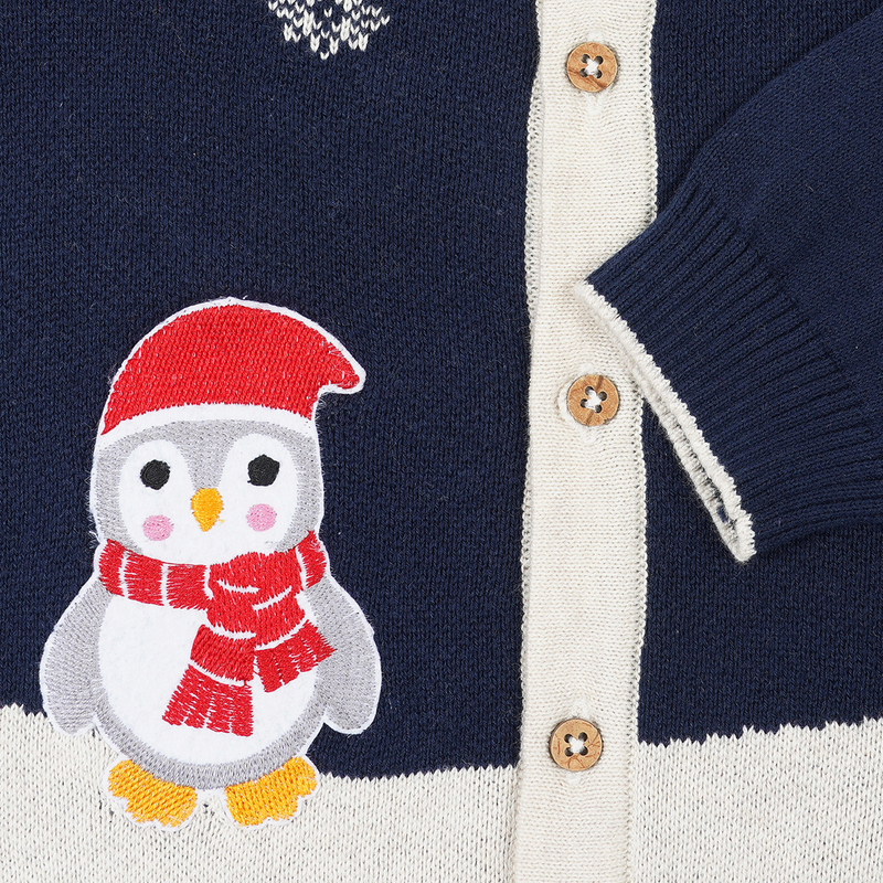 Cotton Jacquard Sweater, Lower & Cap Set | Penguine Printed | Navy Blue & Red | Set of 3、mySite、camillekostekn