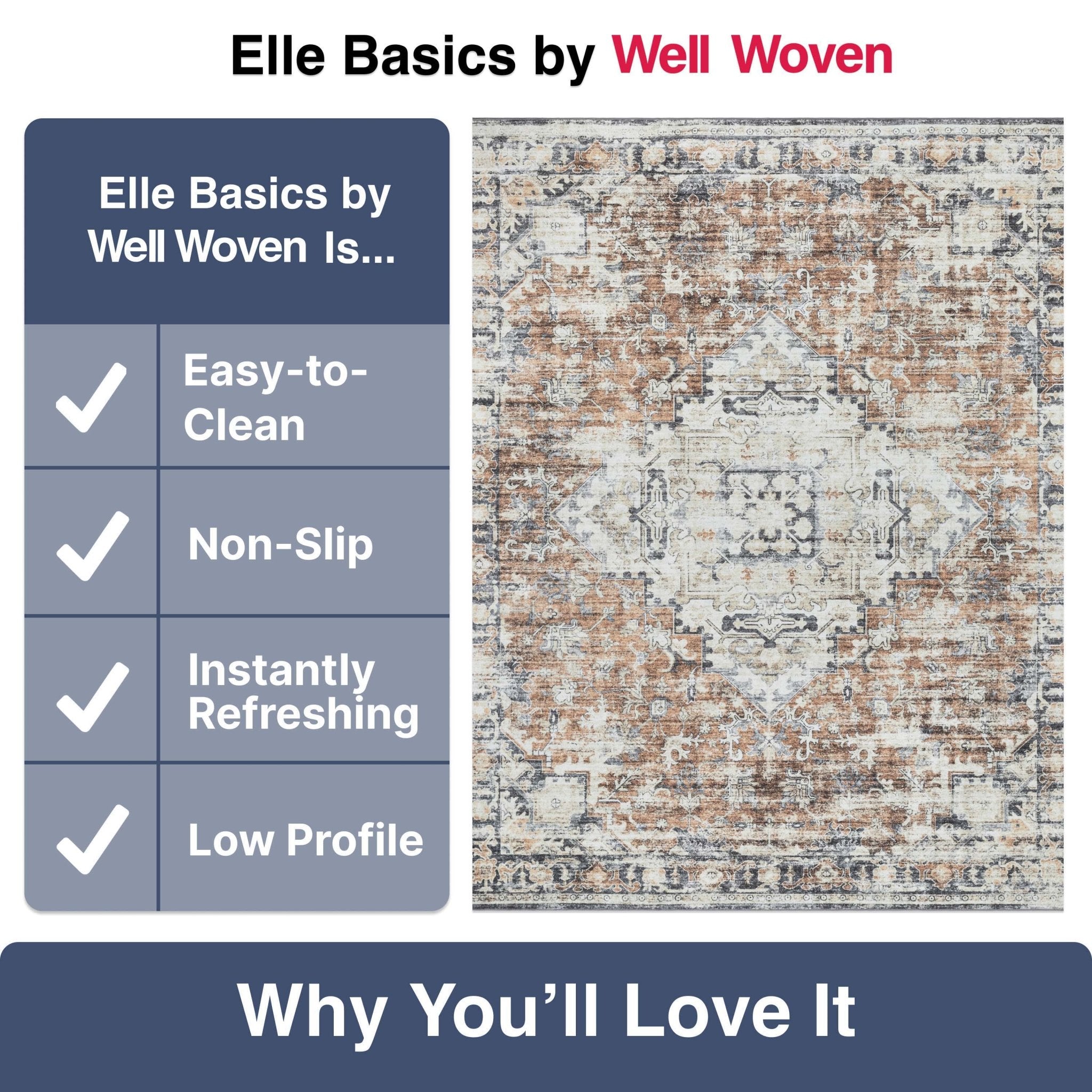 Elle Basics Rendezvous Vintage Medallion Easy-Clean Washable Non-Slip Rug by Well Woven、mySite、gigharbornorthrealestate