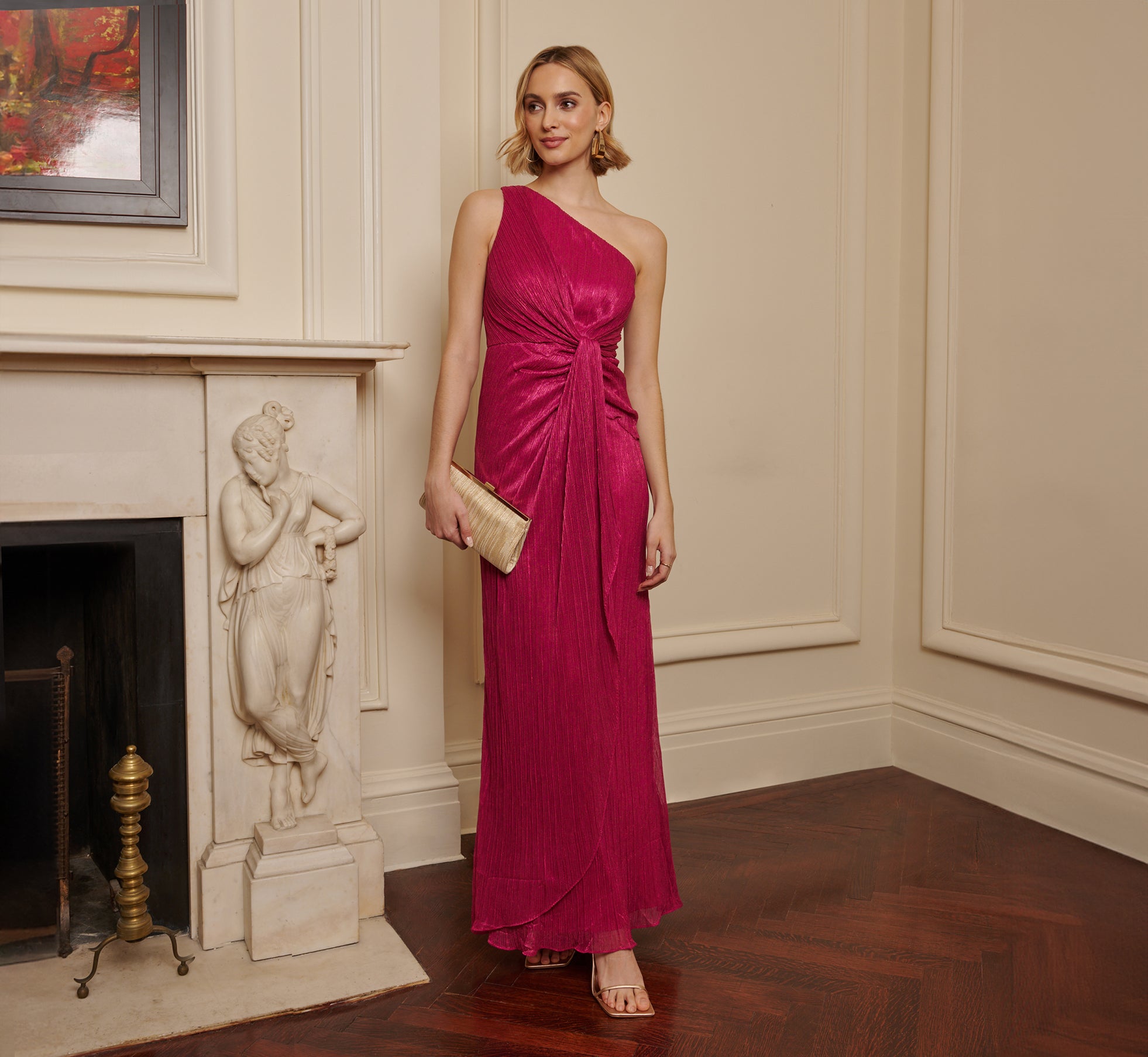 Stardust Pleated Draped One Shoulder Gown In Magenta、mySite、solidvoid