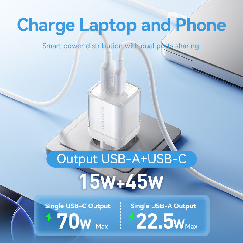 Vention 2-Port USB (C + A) GaN Charger (70W/22.5W) EU-Plug Transparent Gray、mySite、fannypackpong