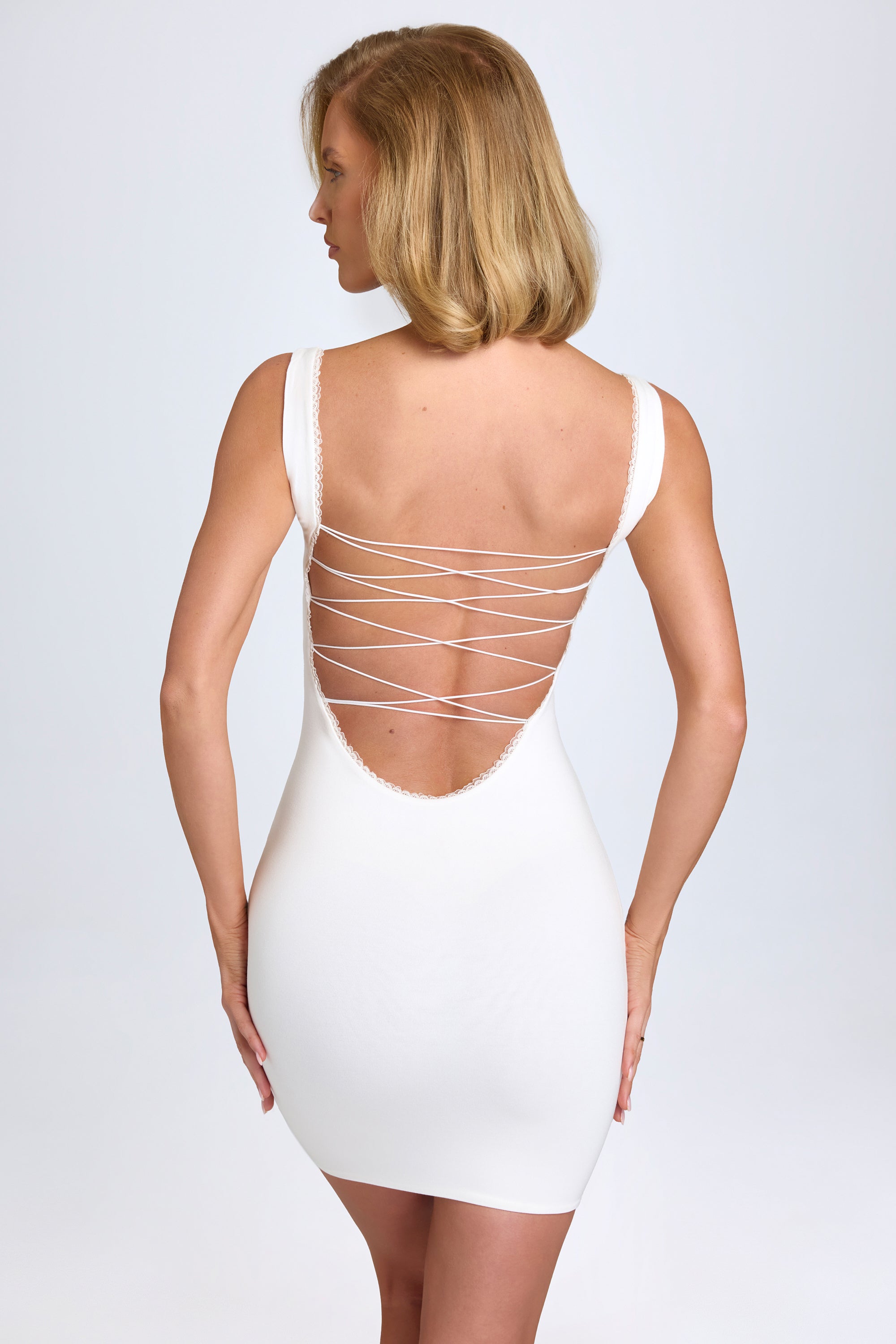 Modal Lace-Trim Bodycon Mini Dress in White、mySite、solidvoid