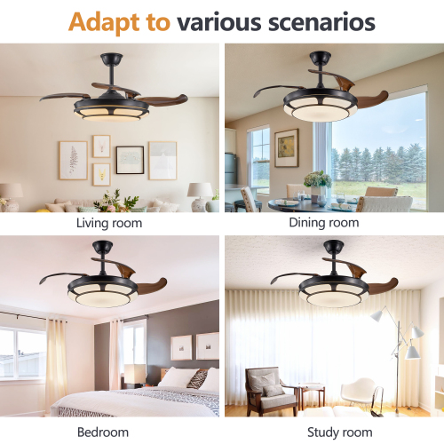 42" Retractable Ceiling Fan with Light, Modern LED Chandelier Fan with Remote Control, 6 Speed Adjustable Blades, Quiet DC Motor, Dimmable Lighting for Living Room, Bedroom, Dining Room、、eastwooduniform