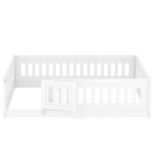 Twin Size Floor Bed with Heightened Safety Guardrails and Door, Solid Wood Bedframe with Rails for Girls, Boys, Teens, Child Bedroom, Kids Playroom, No Slats Included, White、、casual
