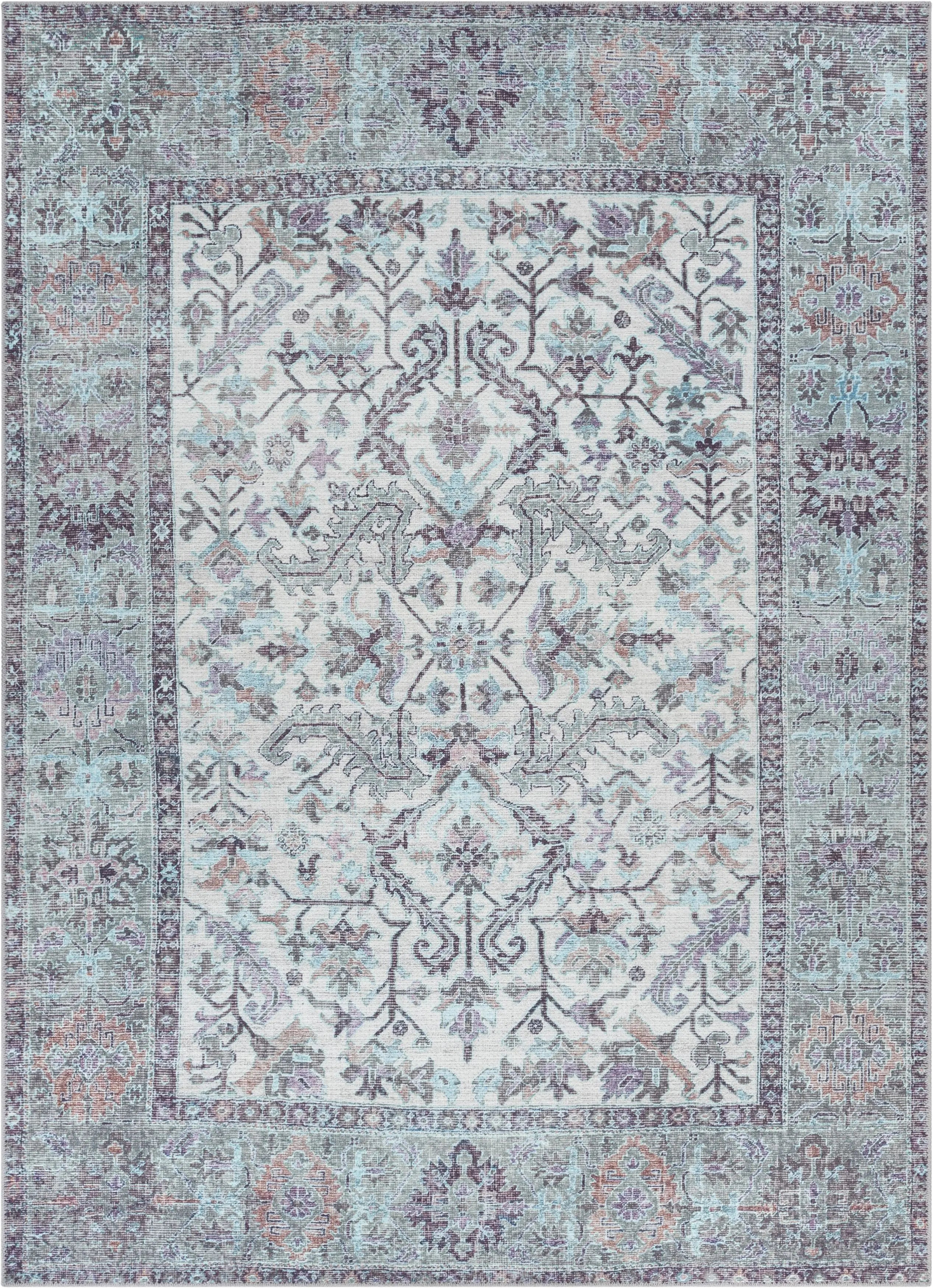 Macon Machine Washable Vintage Medallion Botanical Border Beige Flat-Weave Distressed 5'3 x 7'3 Rug、mySite、gigharbornorthrealestate