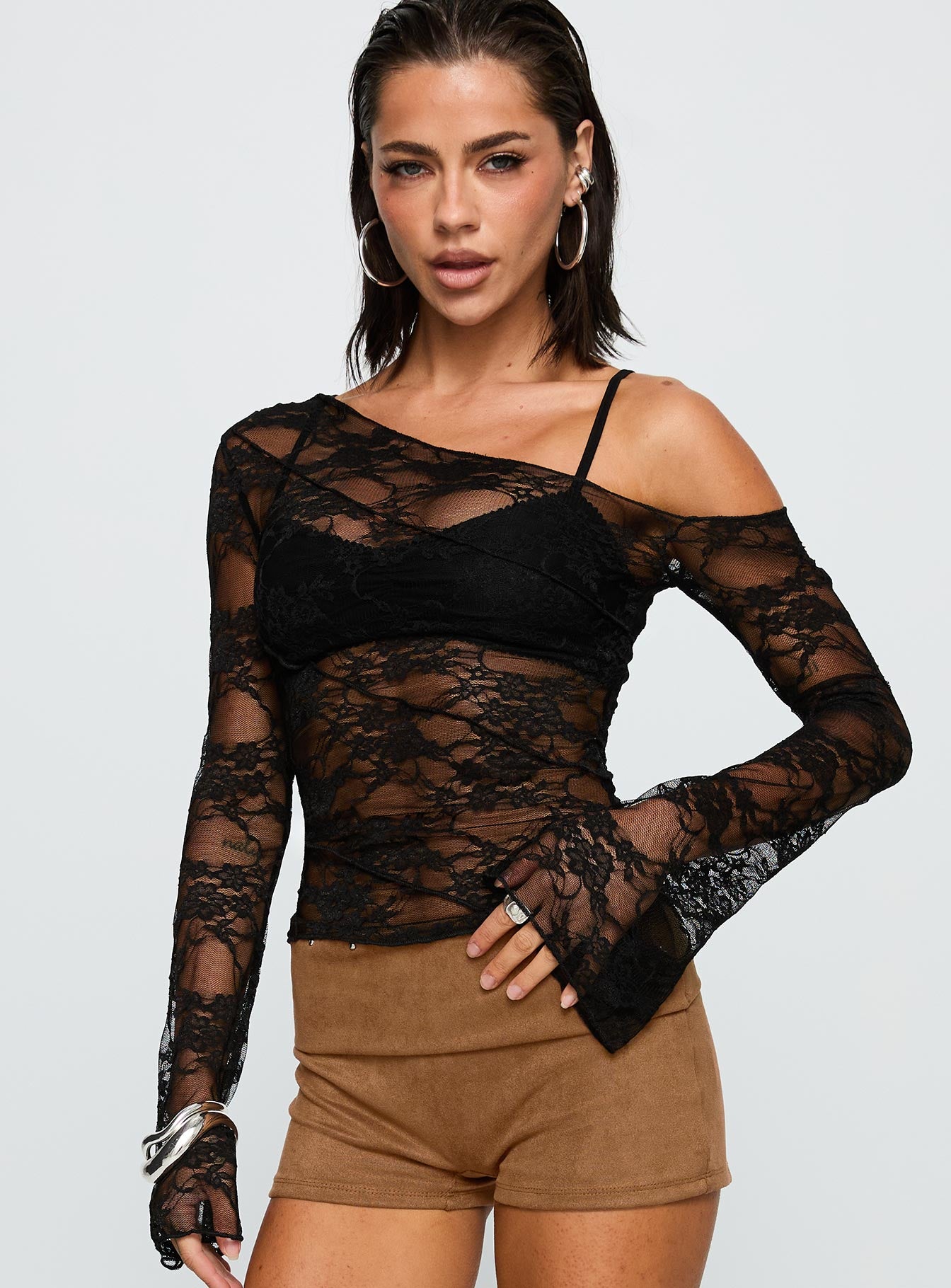 How Ironic One Shoulder Lace Top Black、mySite、solidvoid