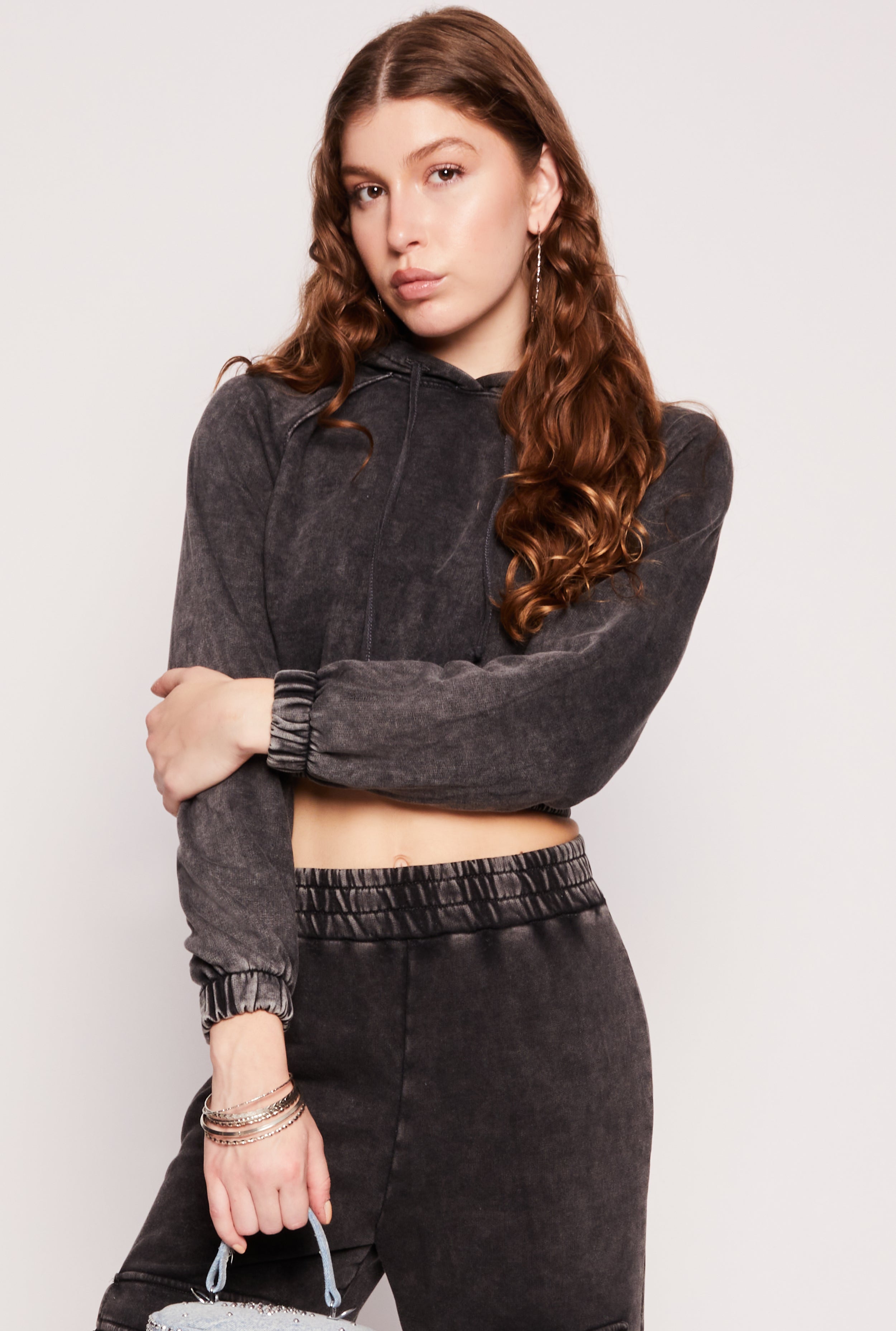 Acid Wash Elastic Hem Cropped Hoodie、mySite、camillekostekn