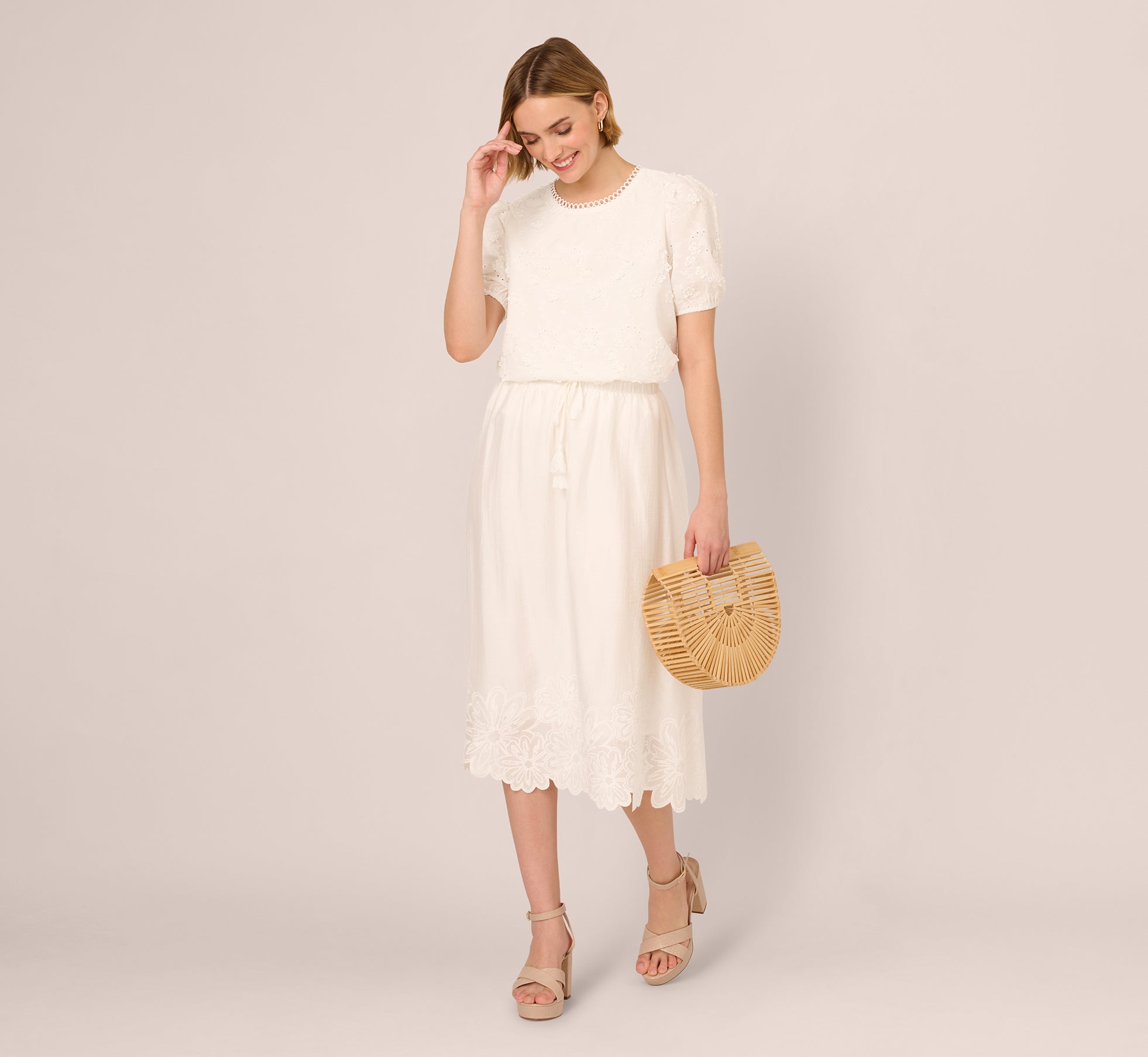 Floral Embroidered Hem Midi Skirt In Ivory、mySite、solidvoid