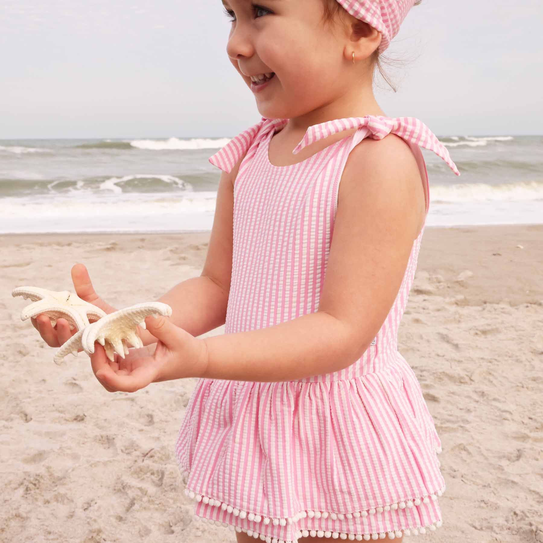  Tiered Skirt with White Pom Trim | Seersucker Dusty Pink、mySite、layawaytickets