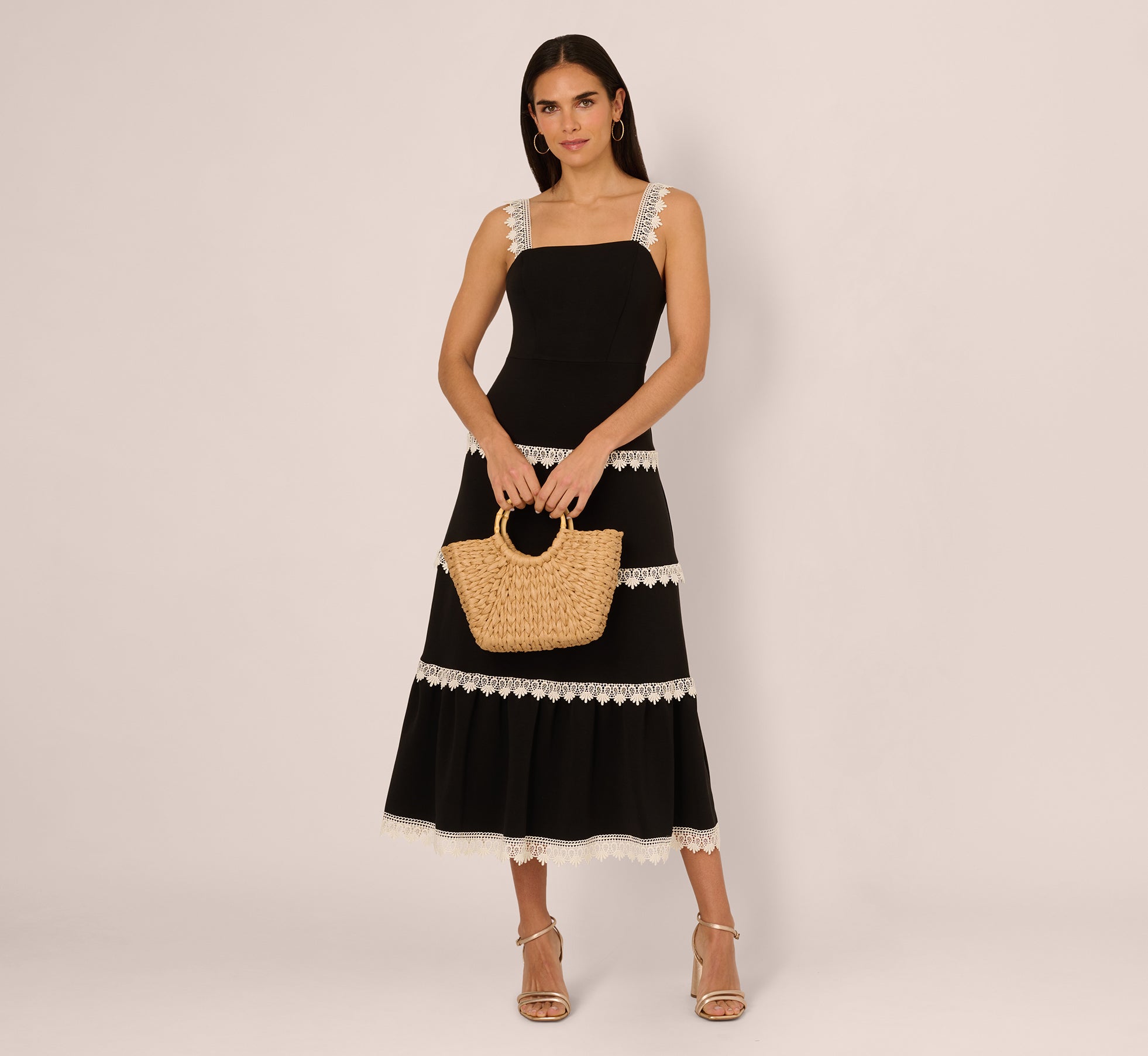 Sleeveless Crochet Lace A Line Midi Dress In Black Ecru、mySite、solidvoid