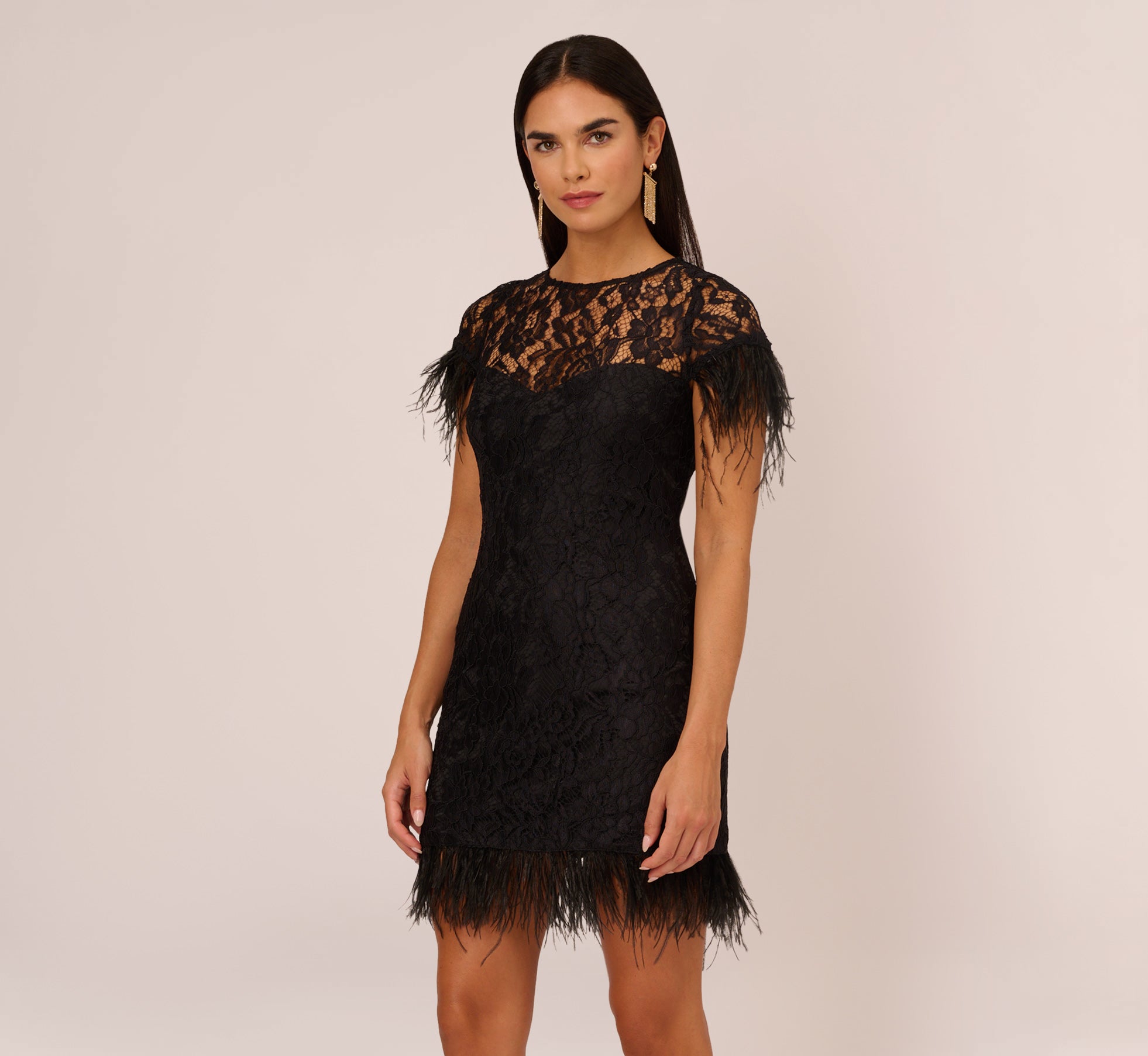 Floral Lace And Feather Trimmed Short Sheath Cocktail Dress In Black、mySite、solidvoid