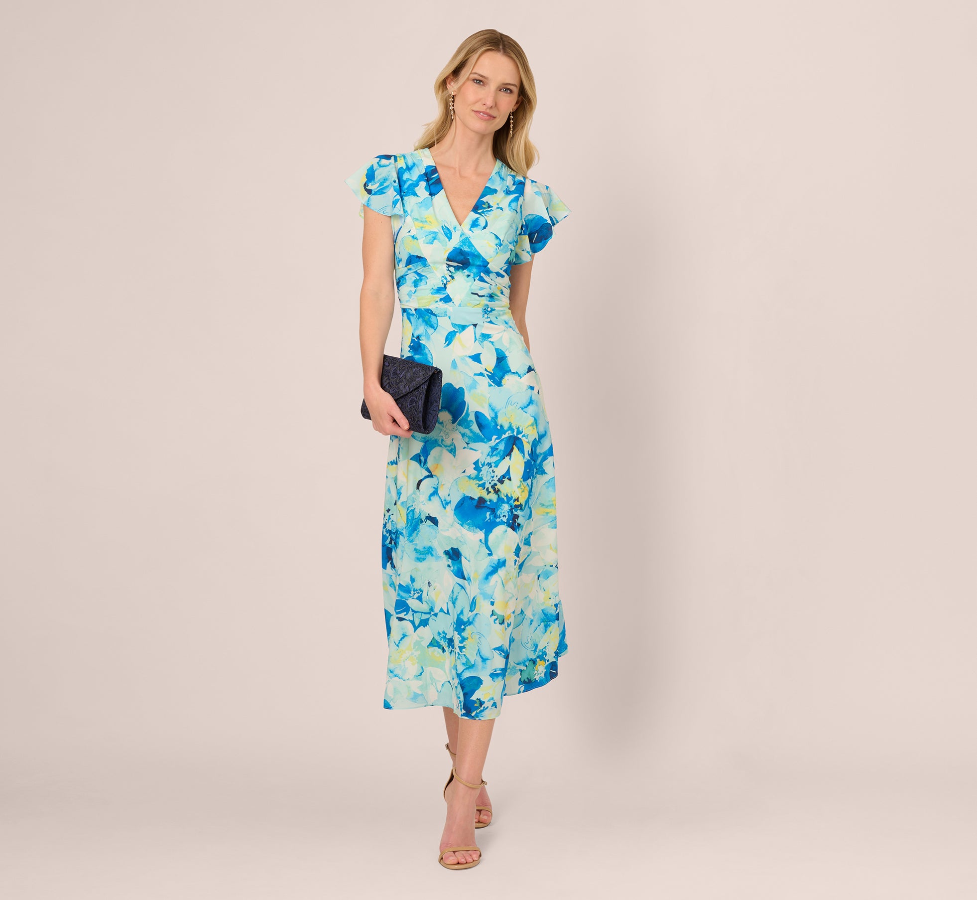 Flutter Sleeve Floral Chiffon Midi Dress In Blue Multi、mySite、solidvoid