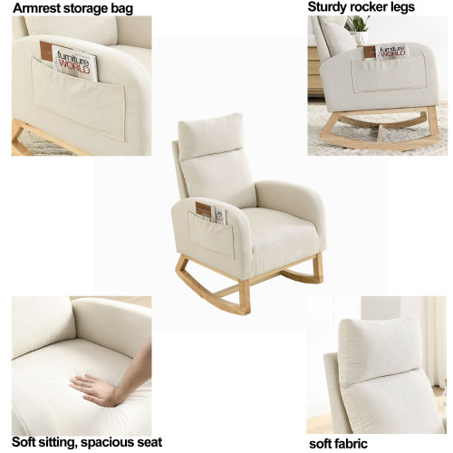 Video Welike 27.6"W Modern Accent High Backrest Living Room Lounge Arm Rocking Chair, Two Side Pocket ,Teddy White (Ivory)、、casual