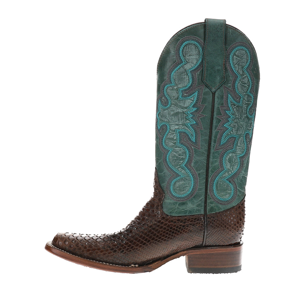 Chocolate Blue Embroidered Snakeskin Square Toe Pull On Cowboy Boots、mySite、gtrtttuynbv
