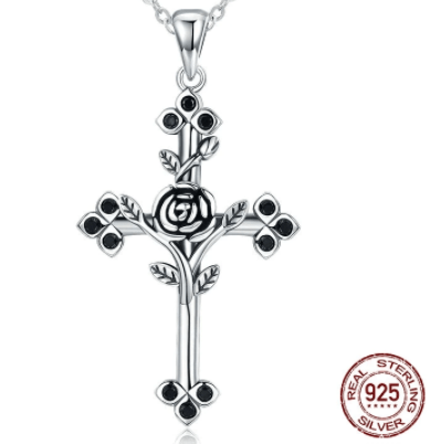 Cross with Rose Black CZ Oxidized Sterling Silver Unique、mySite、g9winljtr