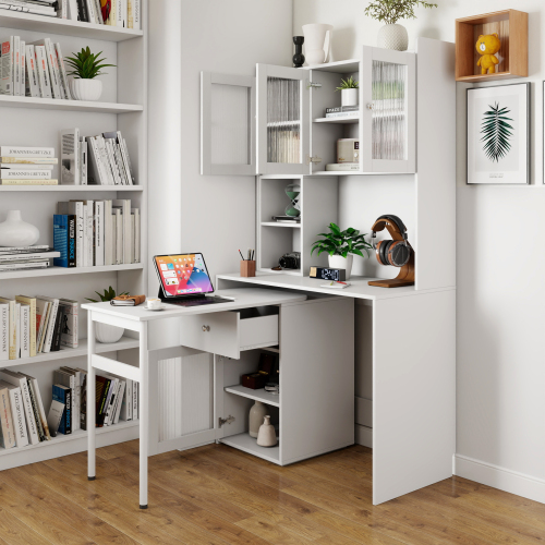 Home Office Computer Desk with Hutch, Antiqued White finish、、casual