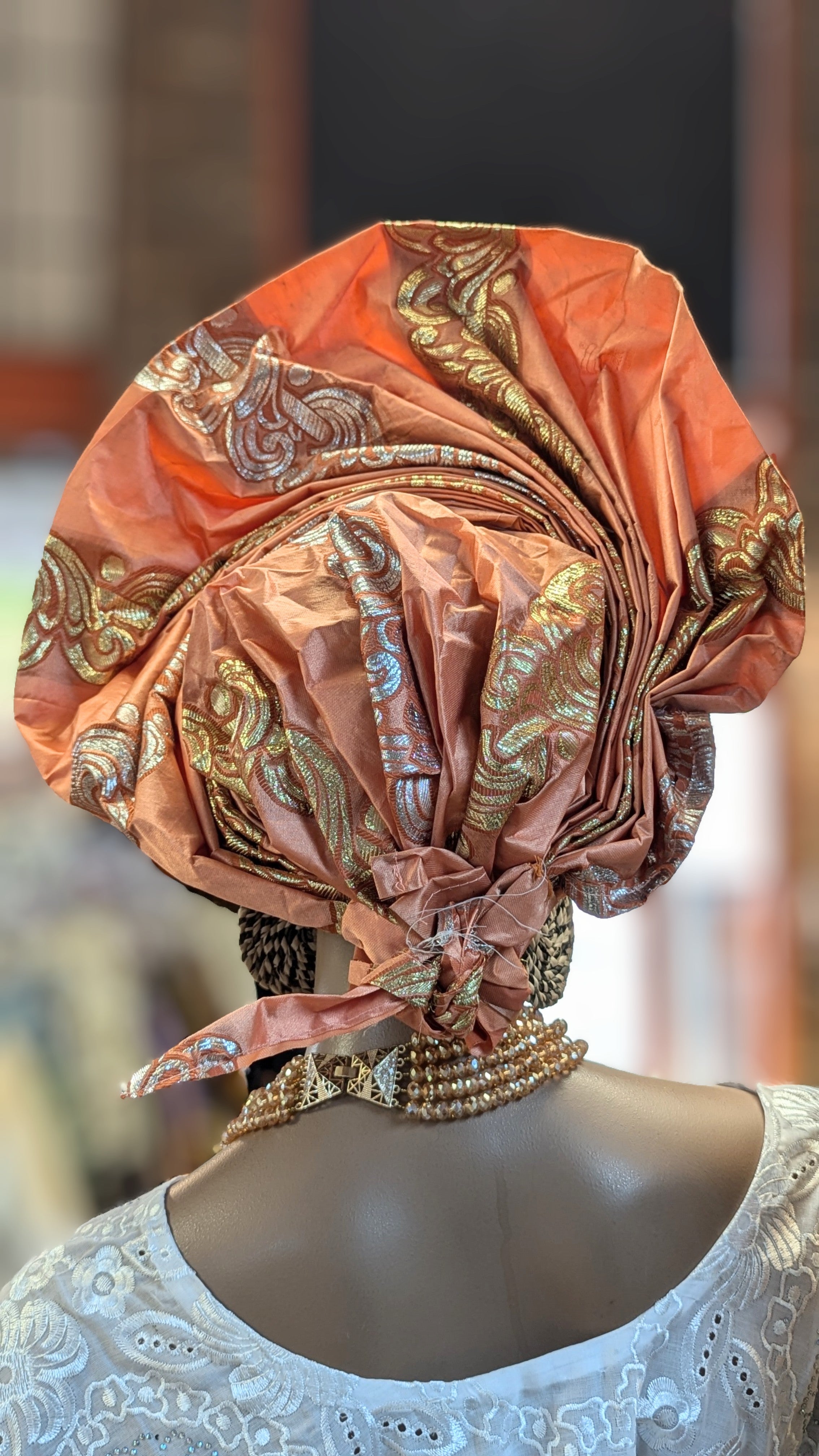 Dupsie's Peach Gold Silver Nneoma Crown Autogele Pre-tied ready Gele Head Wrap DPAGHT10、mySite、solidvoid