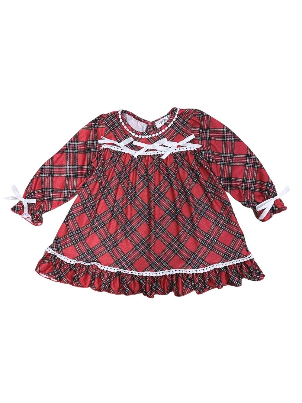 Red Tartan Plaid Bow Girls Night Gown Holiday Pajamas、mySite、camillekostekn