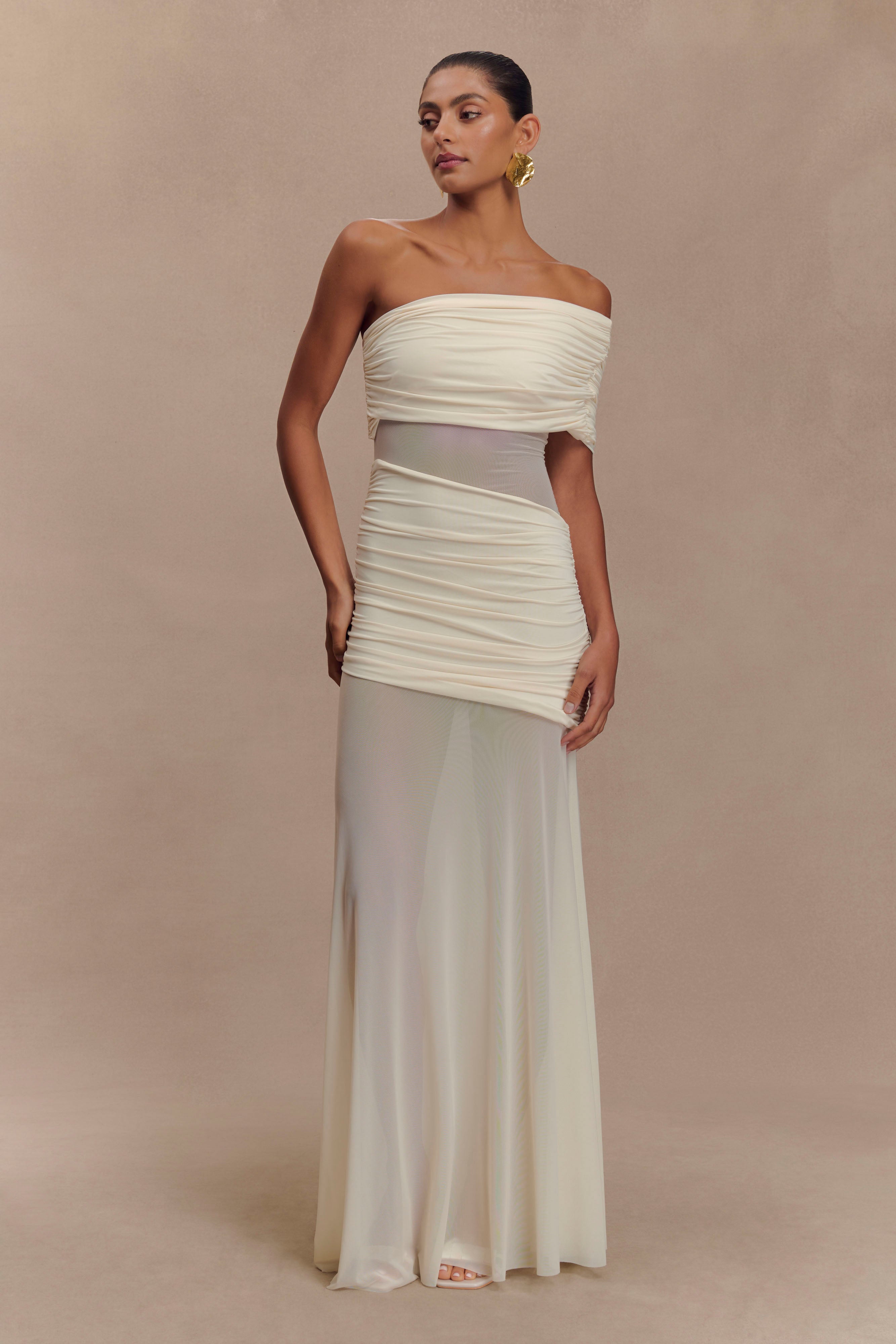 Dallas One Shoulder Mesh Maxi Dress - Ivory、mySite、solidvoid