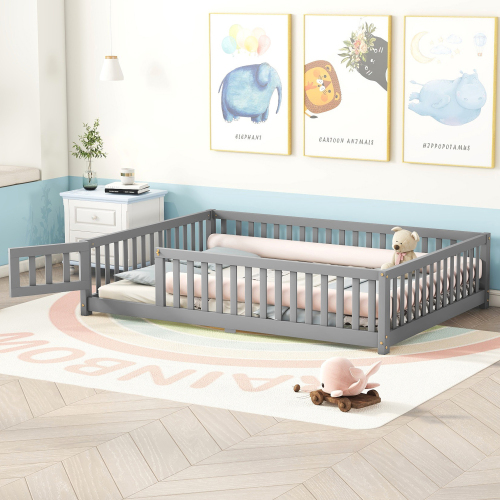 Twin Size Bed Floor Bed with Safety Guardrails and Door for Kids, Natural(Old SKU: W158090686)、、casual