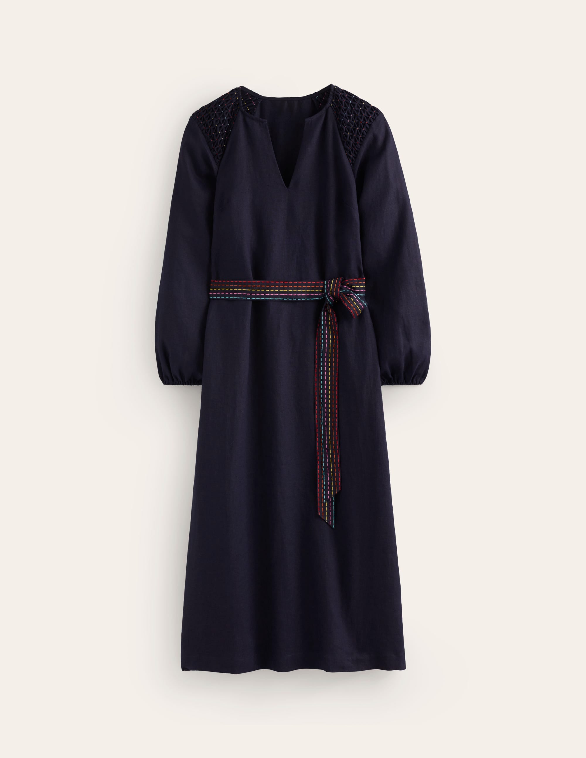  Linen Midi Smocked Dress-Navy、mySite、ashleygrahame