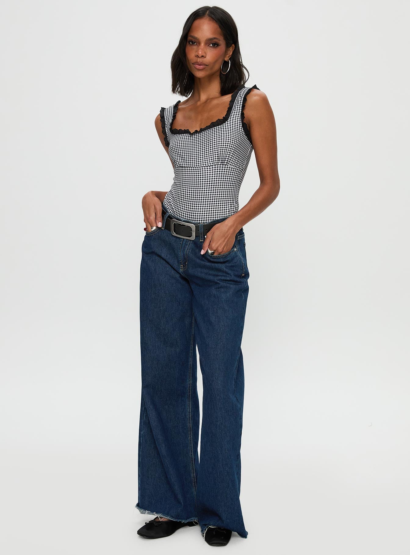 Trustfund Lace Trim Bodysuit Black / White Check、mySite、solidvoid