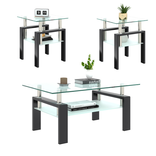 Set of 2, Modern Tempered Glass Tea Table Coffee Table End Table, Square Table for Living Room, Transparent/White、、casual