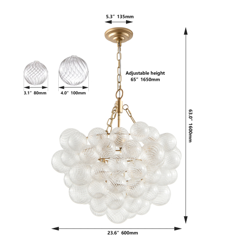 23.6-Inch Gold Pendant Light Chandelier with Threaded Clear Glass Globe Shade – Adjustable Height, Ideal for Living Room, Dining Room, Kitchen (No Bulbs)、、eastwooduniform