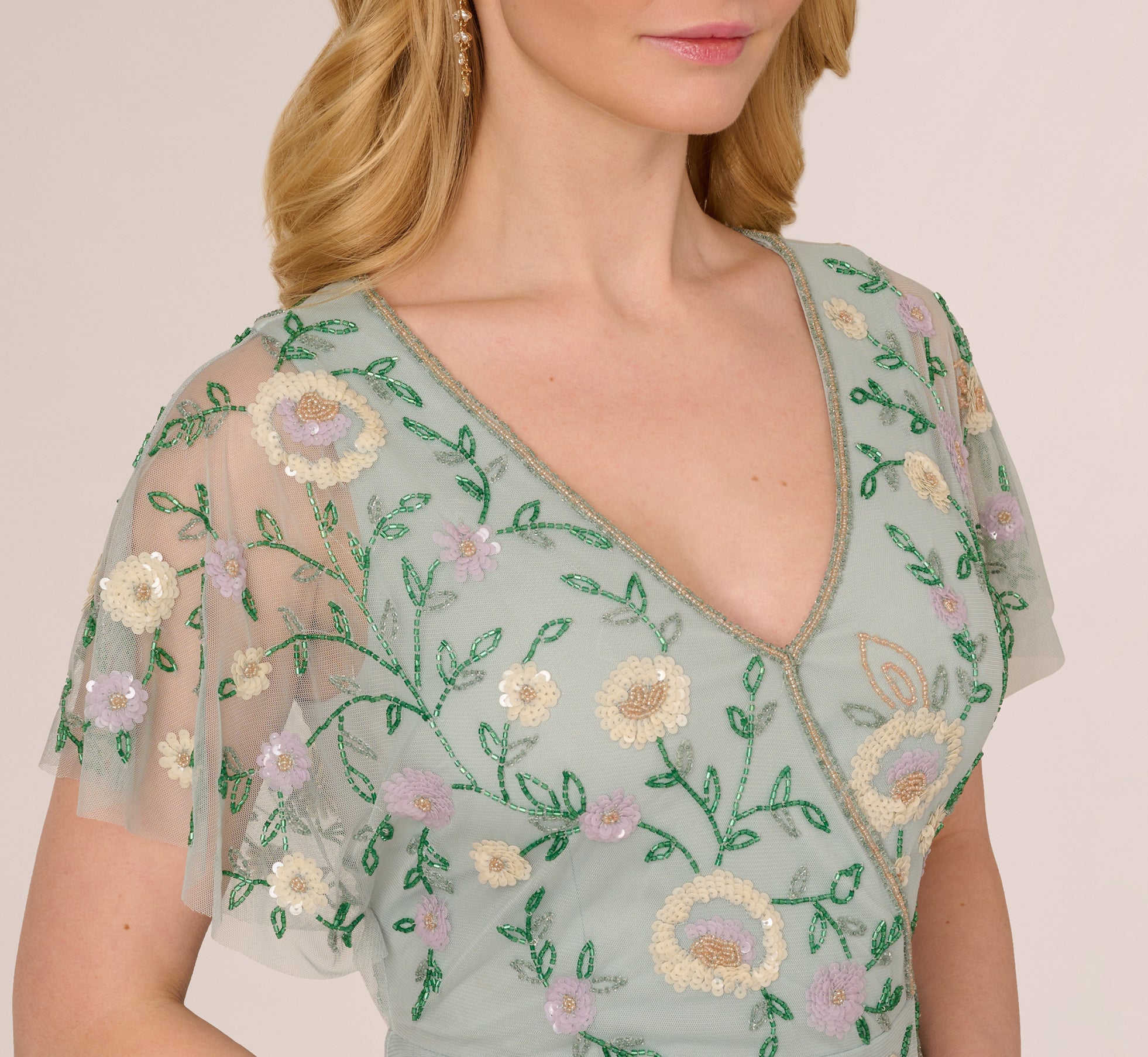 Flutter Sleeve Beaded Wrap Dress In Aqua Dust、mySite、solidvoid