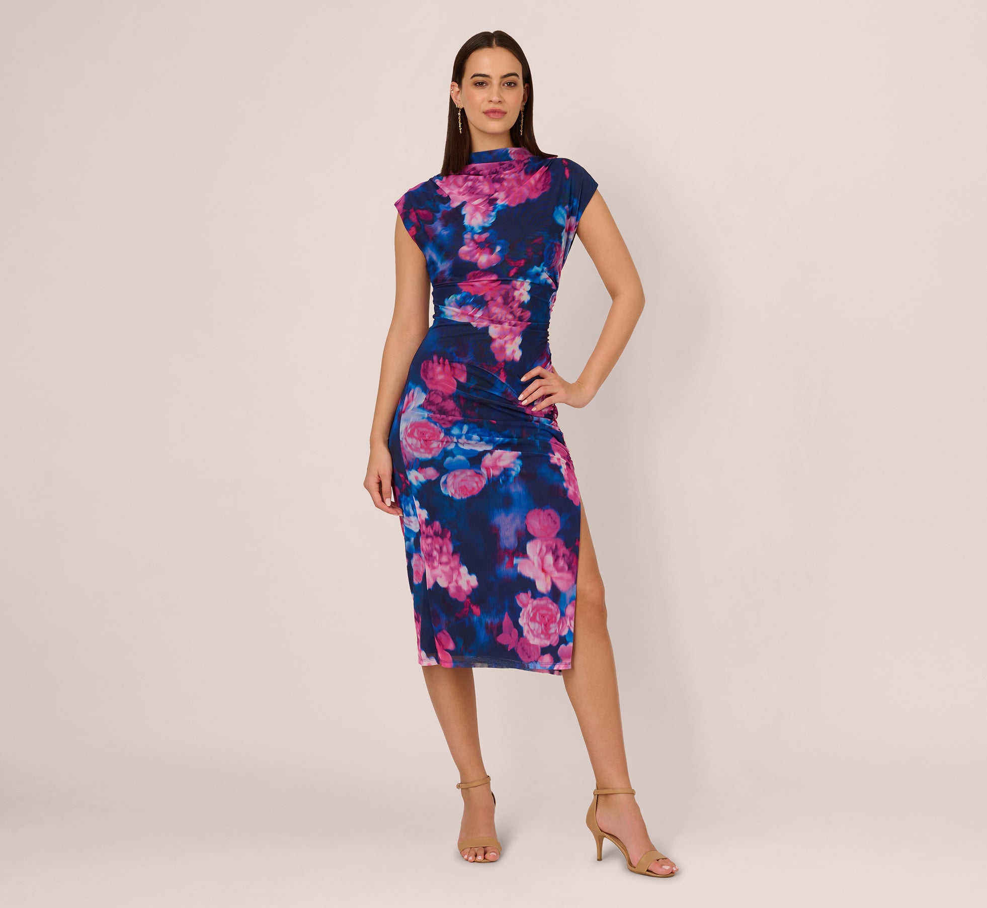 Sleeveless Floral Mesh Draped Midi Dress In Navy Pink Multi、mySite、solidvoid