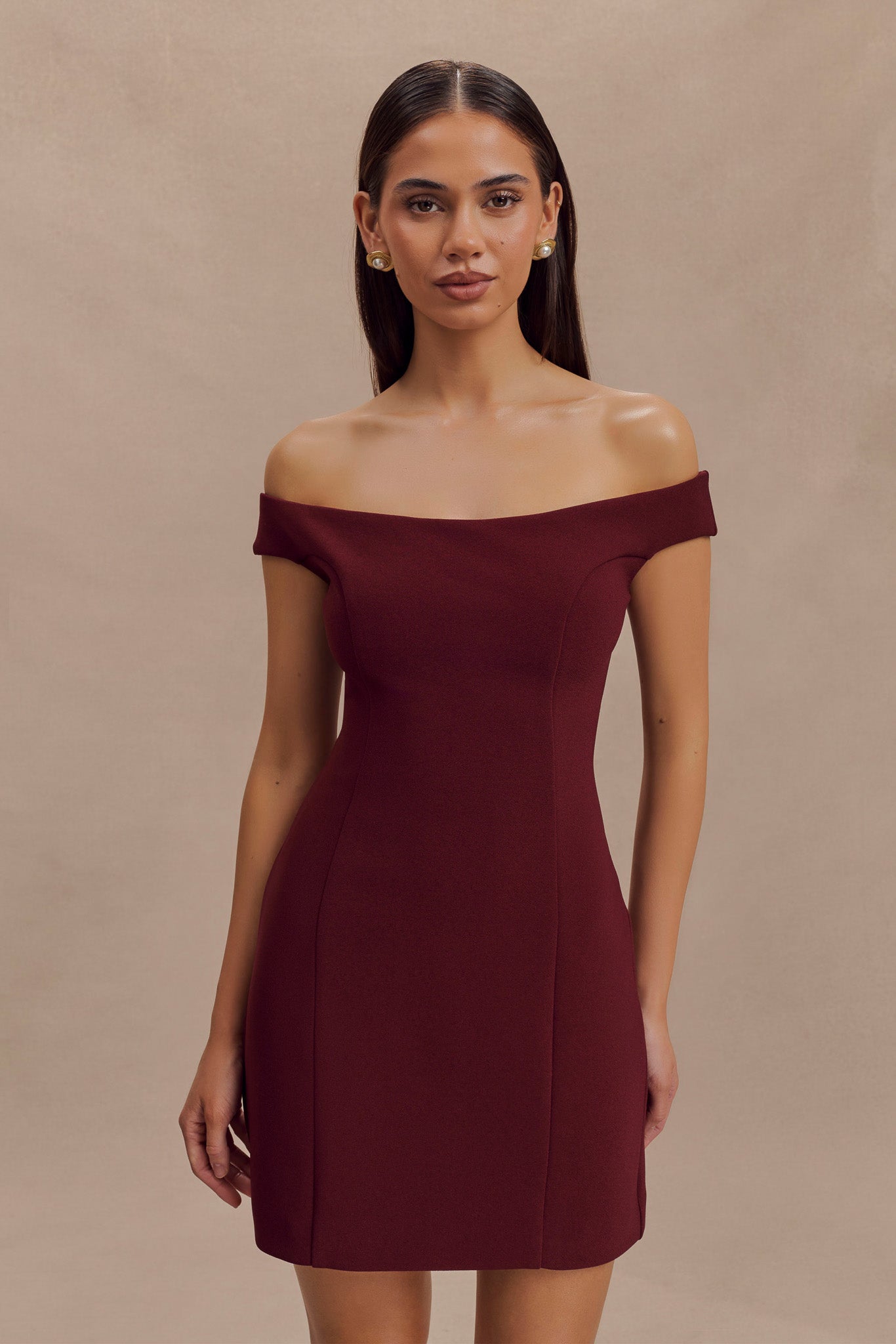 Cassidy Crepe Off Shoulder Mini Dress - Merlot、mySite、solidvoid