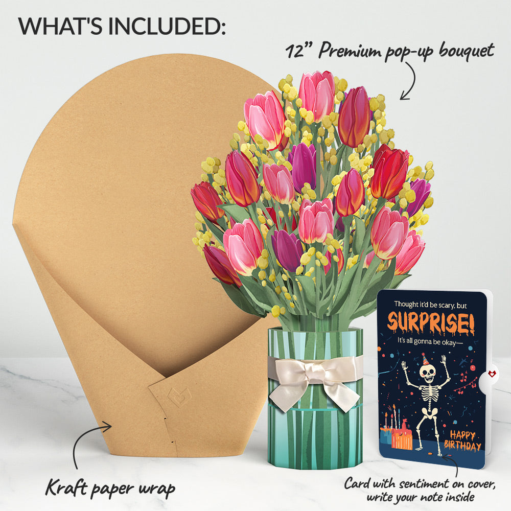 Cheerful Tulips Birthday Bouquet and Surprise Skeleton Sentiment Set、mySite、solidvoid