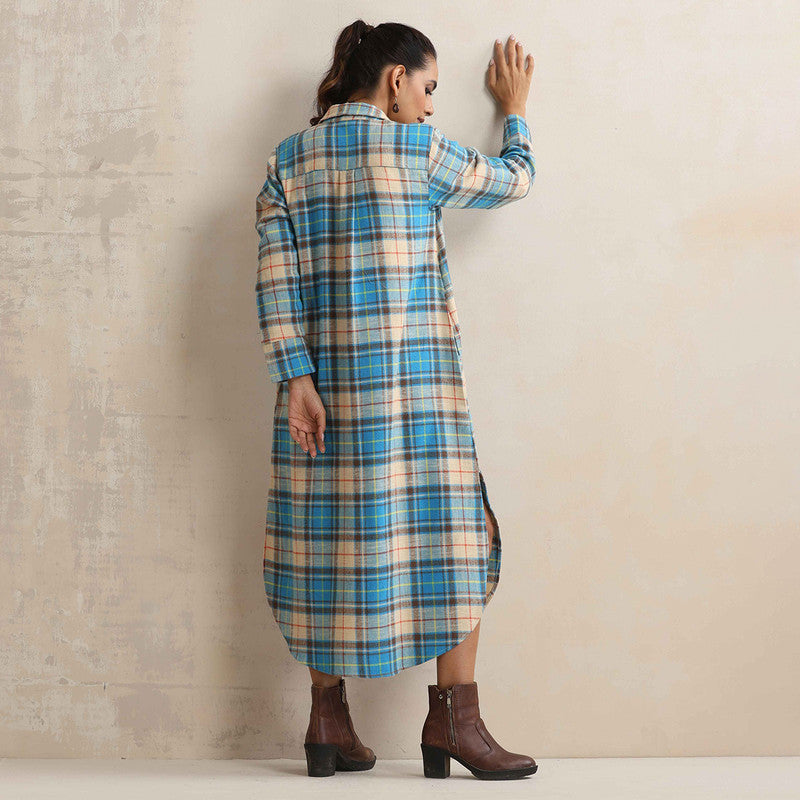 Cotton Dress For Women | Checkered Print | Shirt Collar | Beige & Blue、mySite、camillekostekn